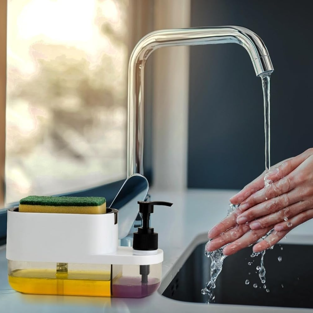 Qeyra Plastic 3 in 1 Soap Pump Dispenser Dish Soap Liquid Dispenser Sponge Holder Dish Soap Pump Dispenser for Kitchen Sink Countertop Kitchen Bathroom
