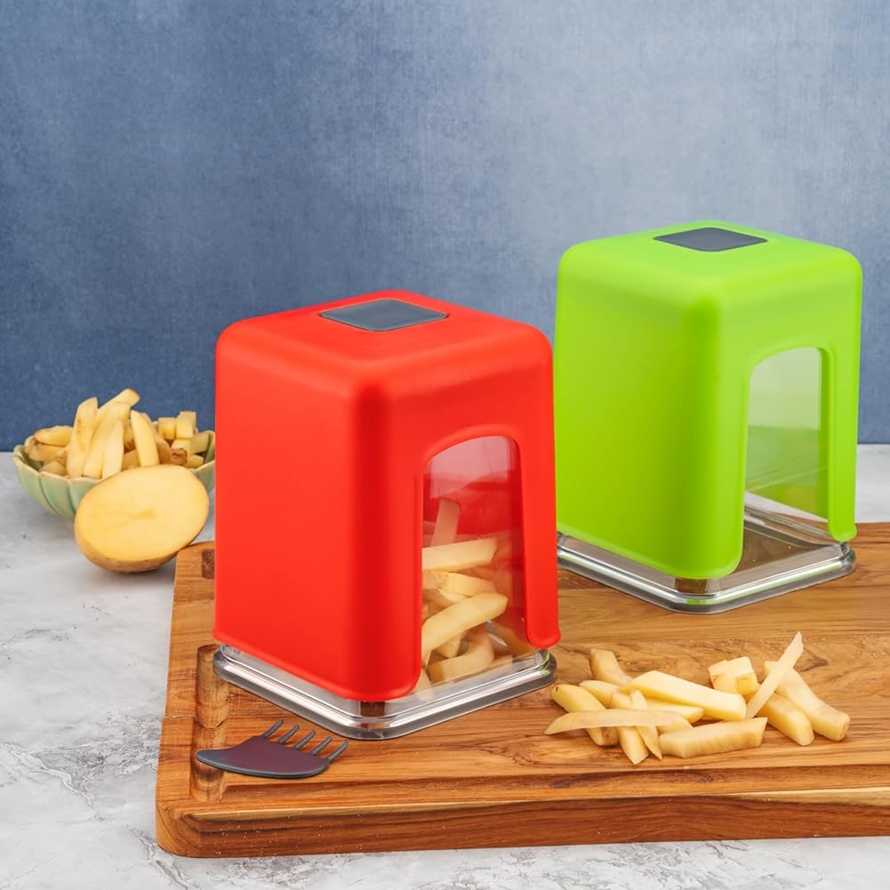 Qeyra Potato Chips French Fries Maker l Vegetable Slicer Cutter l Manual Chopper (Square-Plastic) for Kitchen Heavy Quality (Red)