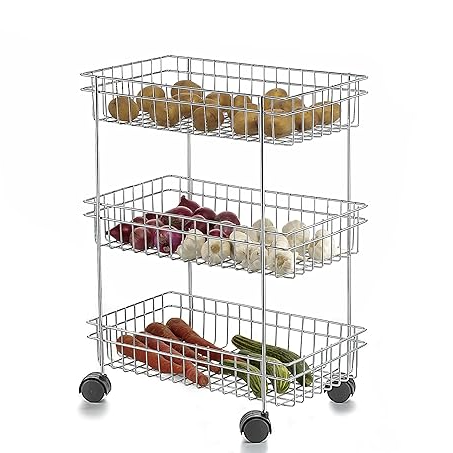 Qeyra Stainless Steel Kitchen Trolley, Fruits & Vegetable Trolley Container, Basket Organizer Holder Stand for Kitchen, Multipurpose Kitchen Trolley with Wheel