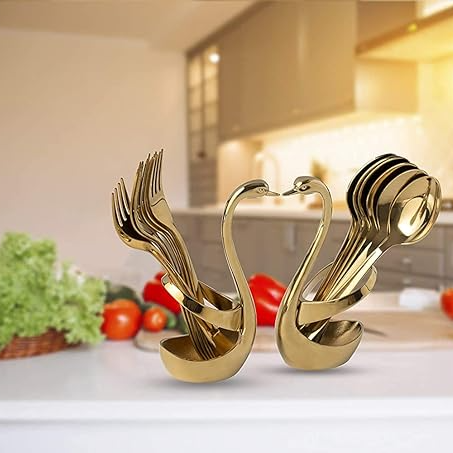 Qeyra Cubes (CA - 004) Cutlery Set Stainless Steel Gold Premium Spoon Set Luxury Dinning tabelware Gift for House Warming I swan Set of 2 Stand | Kitchen & Dining I - Gold PVD