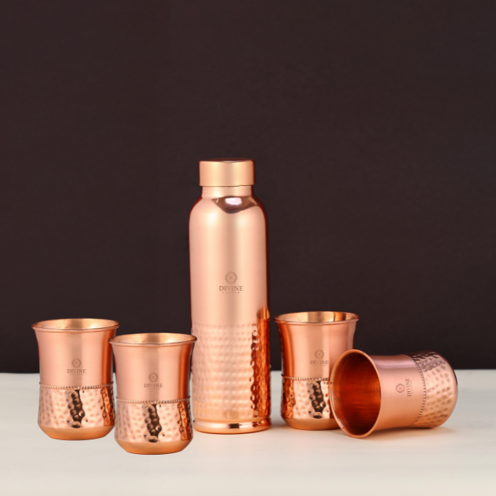 Qeyra Pure Coper Bottle Oreo Half HMD Plain Bottle With 4 Glass Set