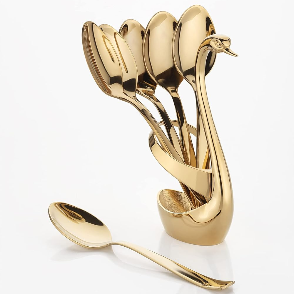 Qeyra Cubes (CA - 004) Cutlery Set Stainless Steel Gold Premium Spoon Set Luxury Dinning tabelware Gift for House Warming I swan Set of 2 Stand | Kitchen & Dining I - Gold PVD