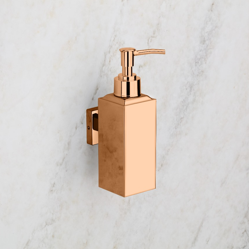 Qeyra 304 Stainless Steel & Brass Square Wall-Mounted Liquid Soap Dispenser | Hand Wash Holder for Wash Basin, Kitchen & Bathroom Accessories