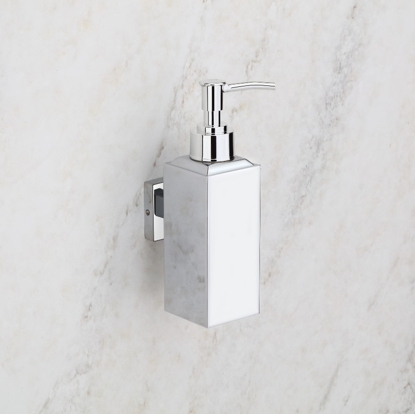 Qeyra 304 Stainless Steel & Brass Square Wall-Mounted Liquid Soap Dispenser | Hand Wash Holder for Wash Basin, Kitchen & Bathroom Accessories