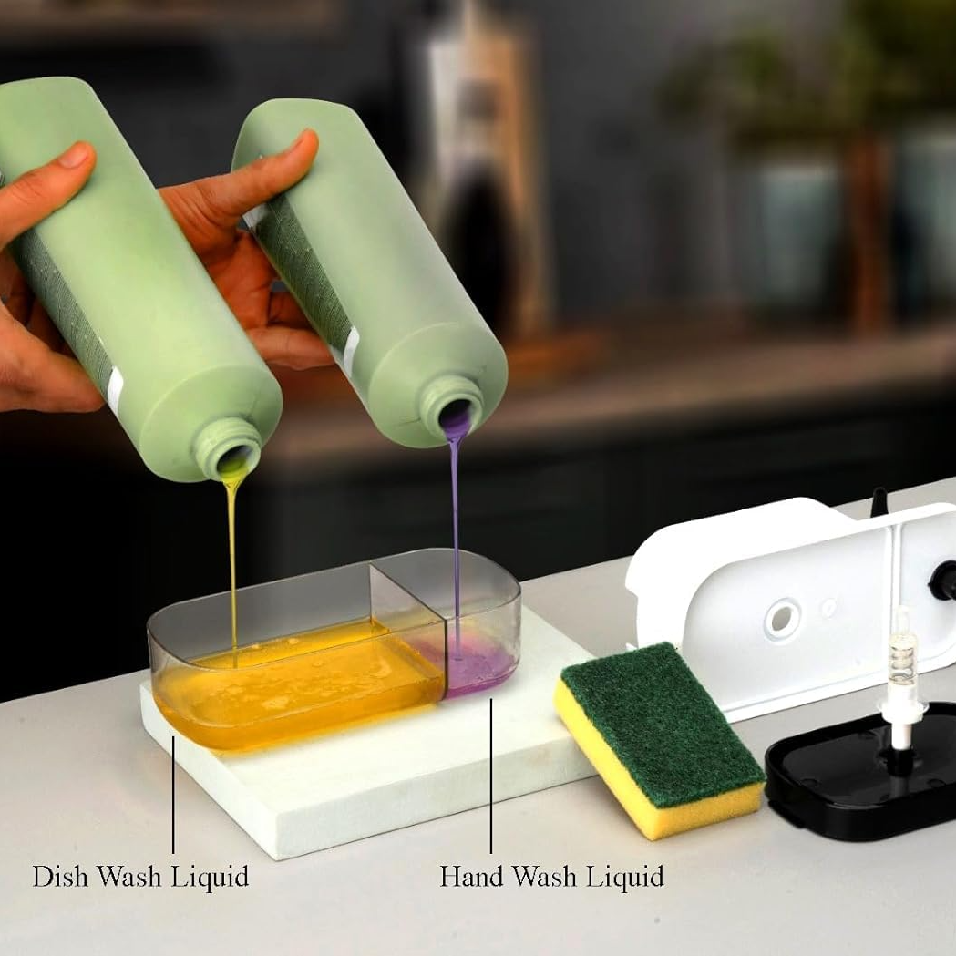 Qeyra Plastic 3 in 1 Soap Pump Dispenser Dish Soap Liquid Dispenser Sponge Holder Dish Soap Pump Dispenser for Kitchen Sink Countertop Kitchen Bathroom