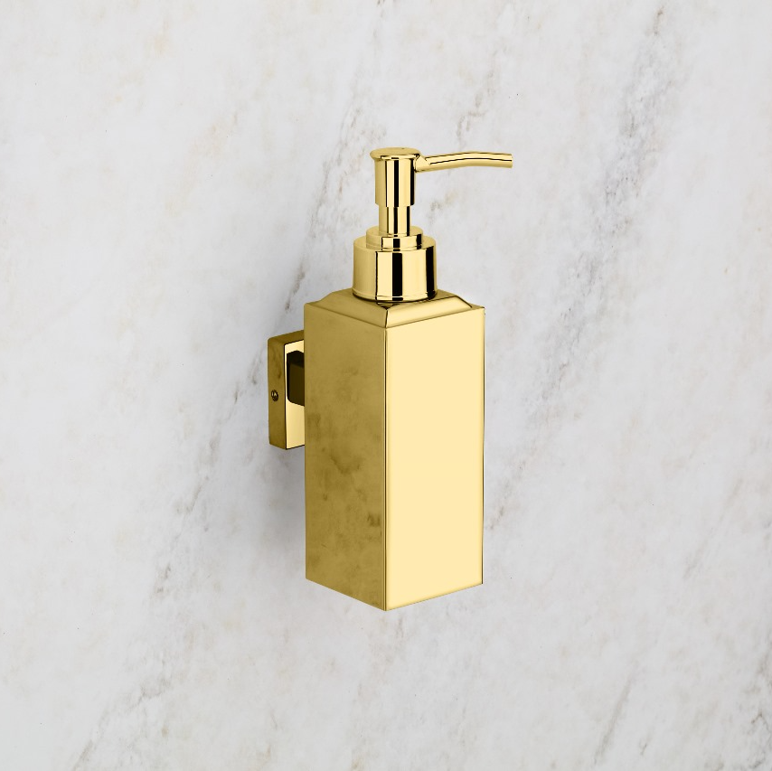 Qeyra 304 Stainless Steel & Brass Square Wall-Mounted Liquid Soap Dispenser | Hand Wash Holder for Wash Basin, Kitchen & Bathroom Accessories