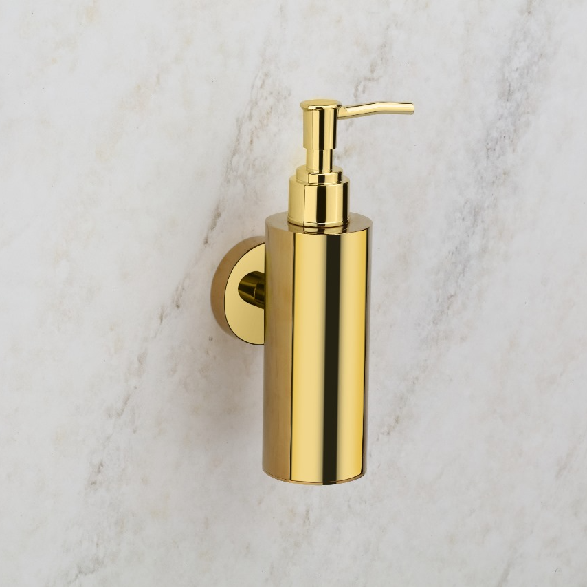 Qeyra 304 Stainless Steel & Brass Round Wall-Mounted Liquid Soap Dispenser | Hand Wash Holder for Wash Basin, Kitchen & Bathroom Accessories