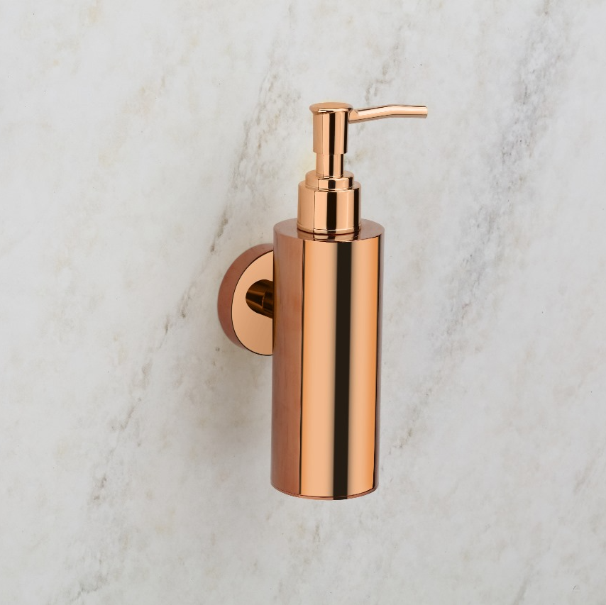 Qeyra 304 Stainless Steel & Brass Round Wall-Mounted Liquid Soap Dispenser | Hand Wash Holder for Wash Basin, Kitchen & Bathroom Accessories