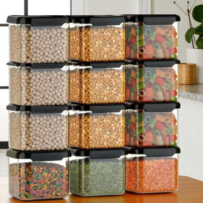 Qeyra Airtight Square Shape Container | Kitchen Storage Container Set | Plastic Storage Jar (Pack of 12)