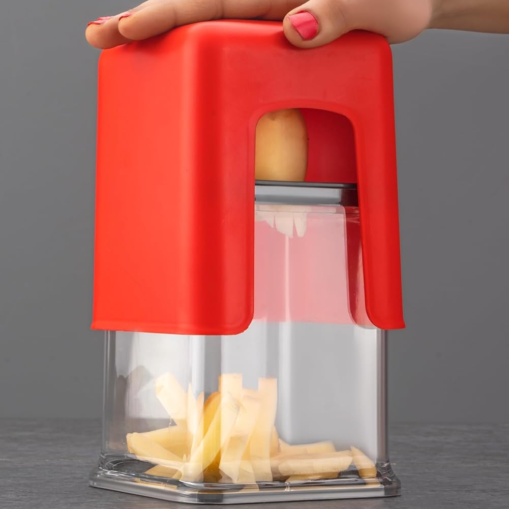 Qeyra Potato Chips French Fries Maker l Vegetable Slicer Cutter l Manual Chopper (Square-Plastic) for Kitchen Heavy Quality (Red)