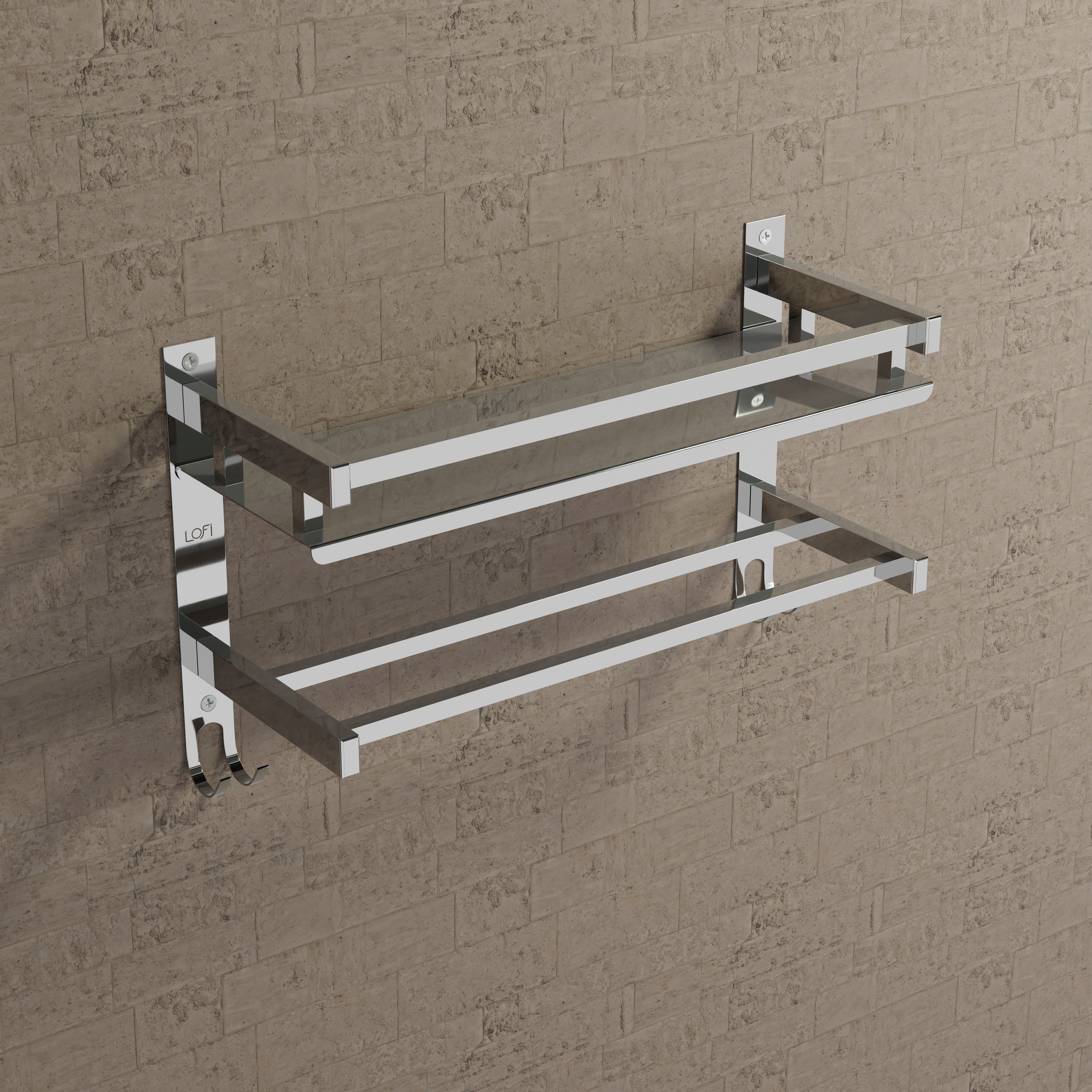 Qeyra (SL-003 Square) Stainless Steel Multi-use Shelf for Bathroom, Bathroom Shelf With Hooks,Towel Rod/Hanger/Bathroom Stand/Bathroom Rack/Bathroom Accessories (5x15x5 Inches) Chrome Finish