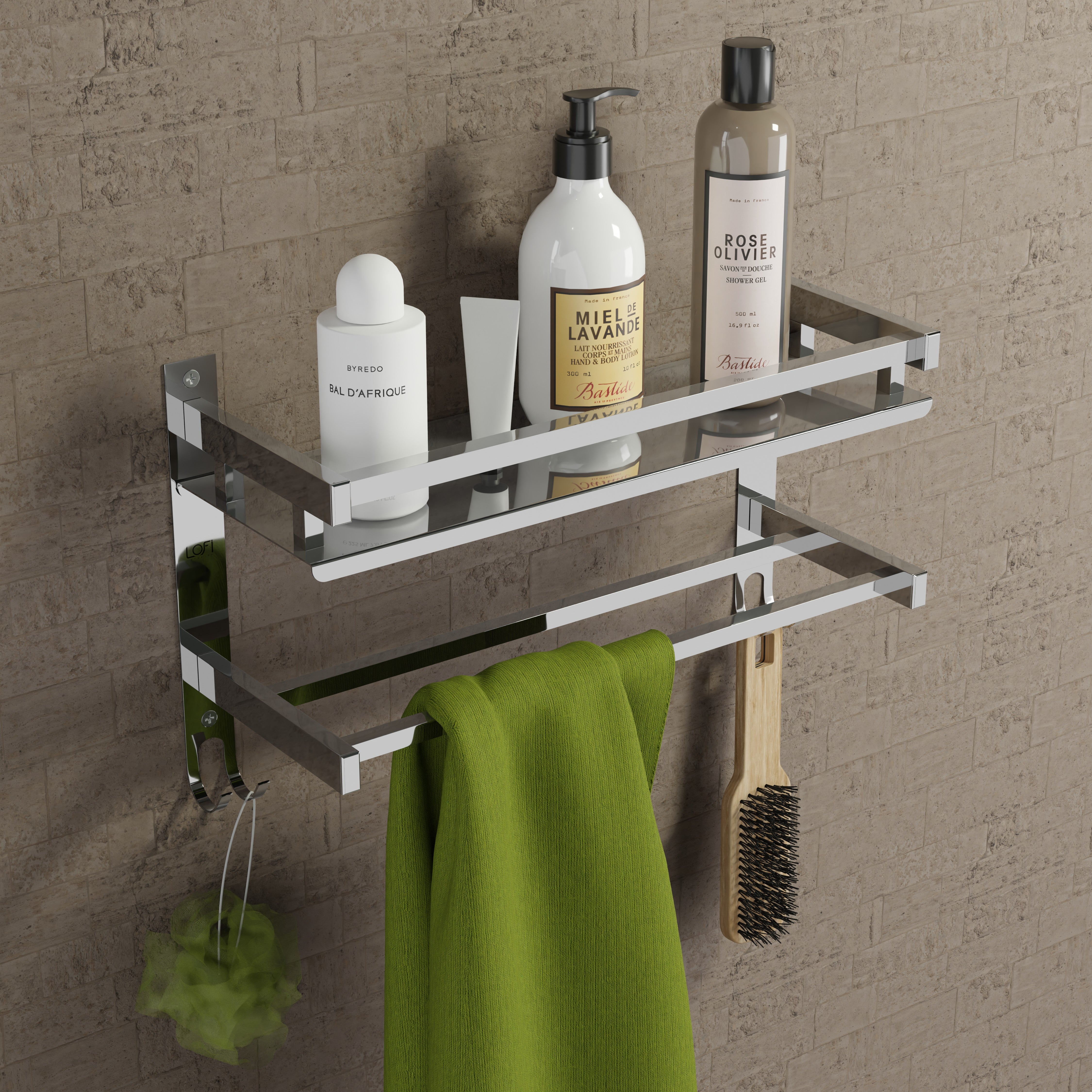 Qeyra (SL-003 Square) Stainless Steel Multi-use Shelf for Bathroom, Bathroom Shelf With Hooks,Towel Rod/Hanger/Bathroom Stand/Bathroom Rack/Bathroom Accessories (5x15x5 Inches) Chrome Finish