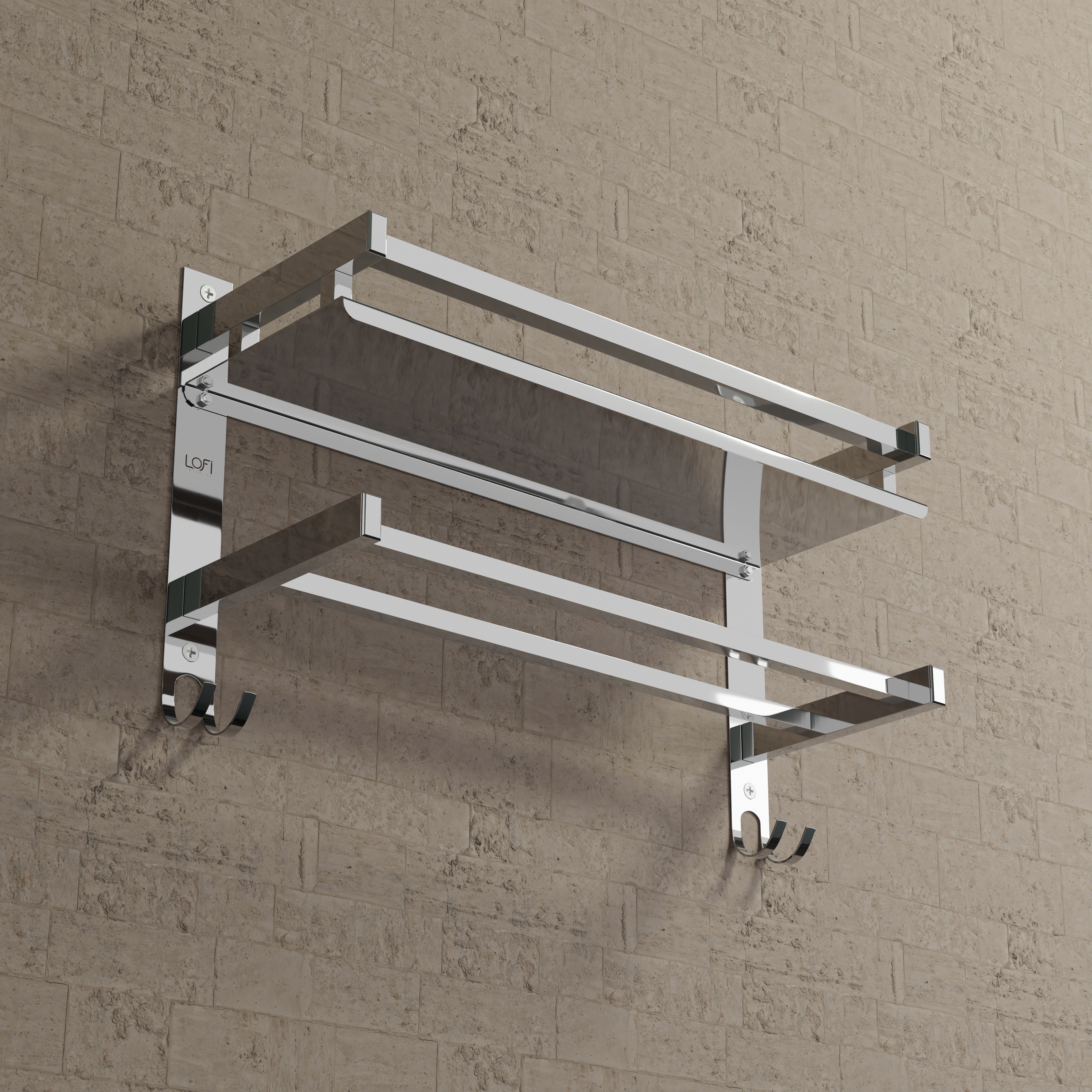 Qeyra (SL-003 Square) Stainless Steel Multi-use Shelf for Bathroom, Bathroom Shelf With Hooks,Towel Rod/Hanger/Bathroom Stand/Bathroom Rack/Bathroom Accessories (5x15x5 Inches) Chrome Finish