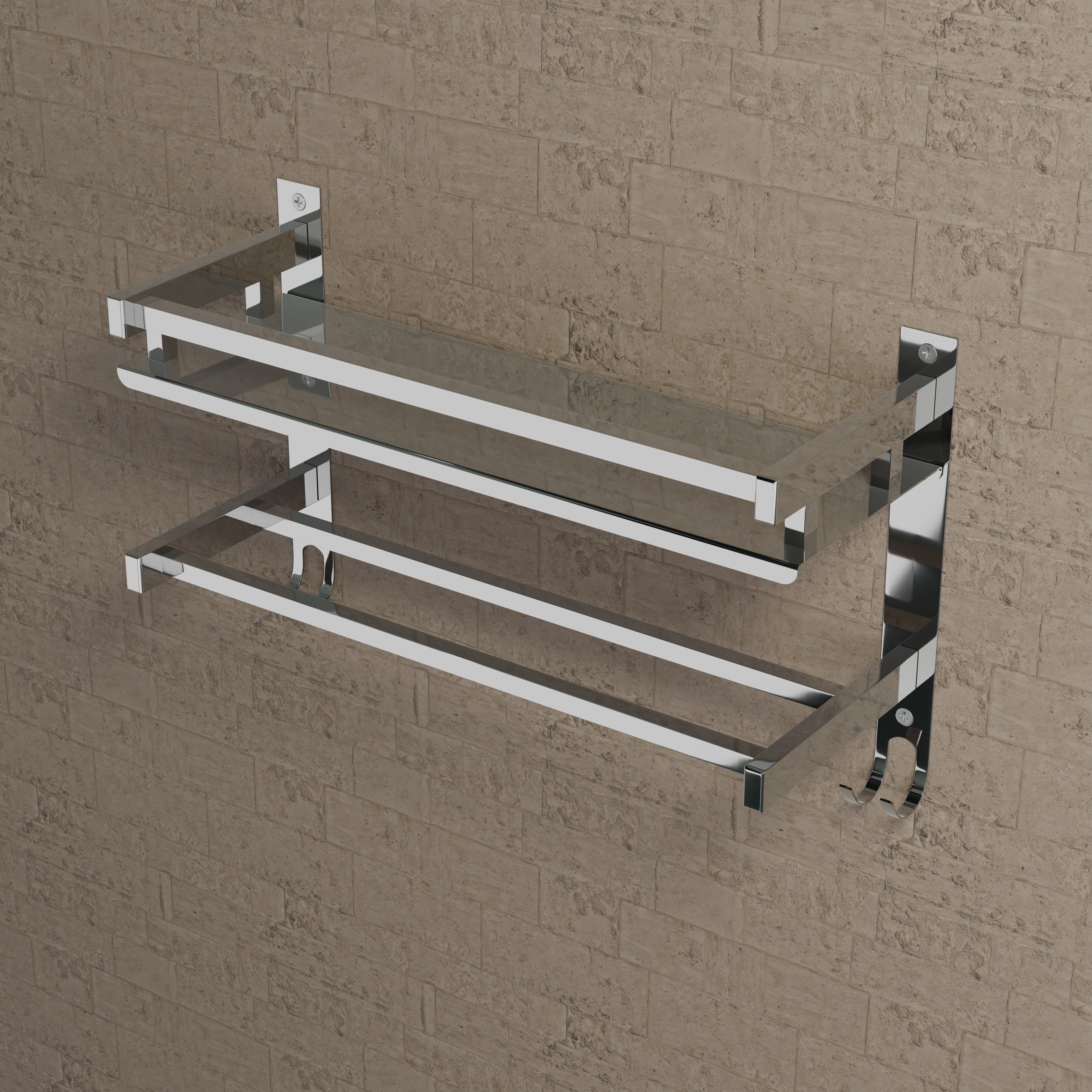 Qeyra (SL-003 Square) Stainless Steel Multi-use Shelf for Bathroom, Bathroom Shelf With Hooks,Towel Rod/Hanger/Bathroom Stand/Bathroom Rack/Bathroom Accessories (5x15x5 Inches) Chrome Finish
