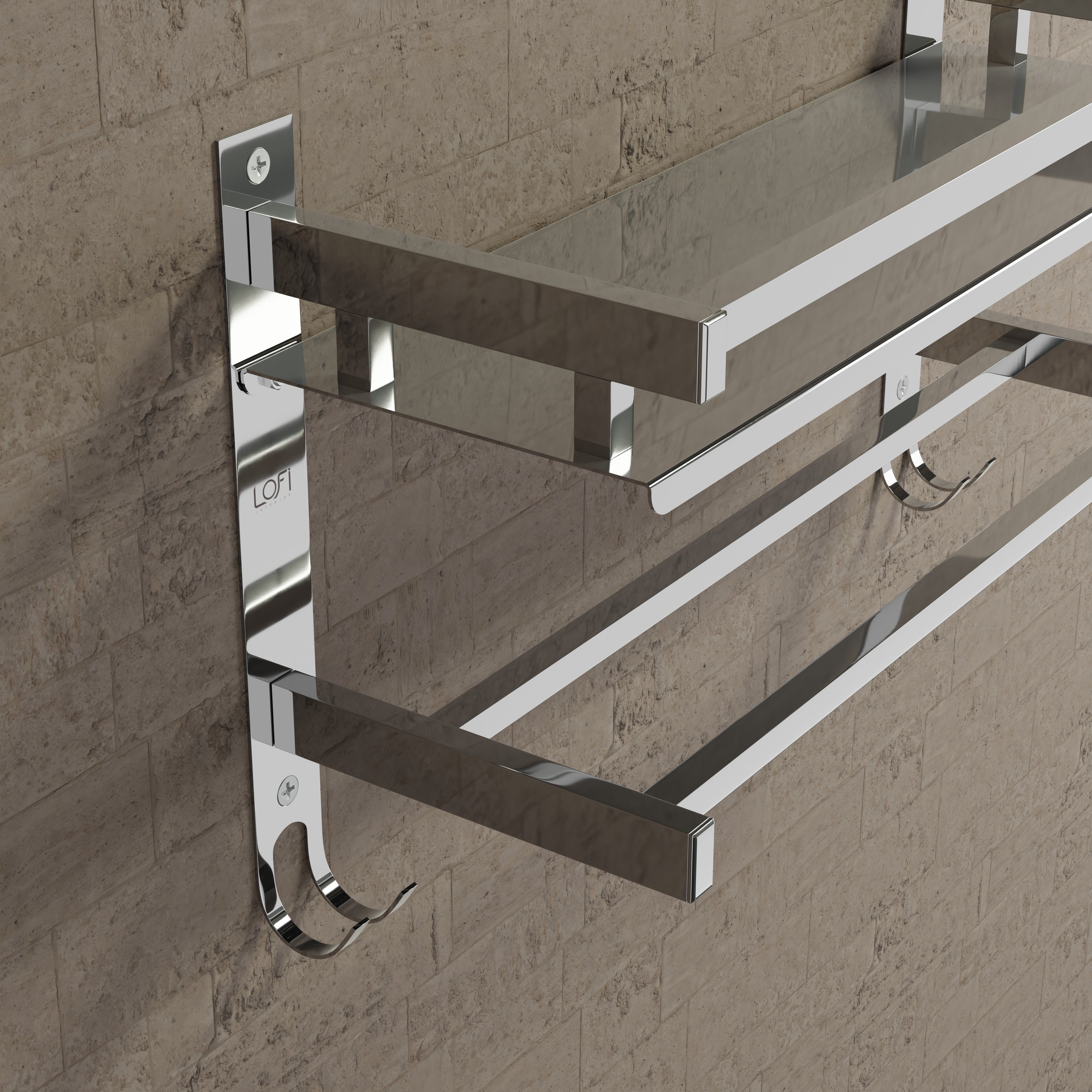 Qeyra (SL-003 Square) Stainless Steel Multi-use Shelf for Bathroom, Bathroom Shelf With Hooks,Towel Rod/Hanger/Bathroom Stand/Bathroom Rack/Bathroom Accessories (5x15x5 Inches) Chrome Finish