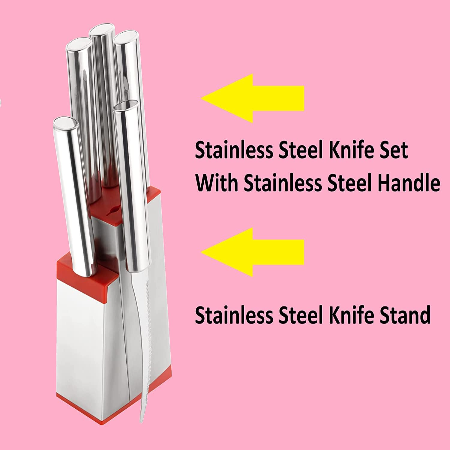 Qeyra (Allwin - AM 108) Stainless Steel Kitchen Knife Set with Stainless Steel Block, Knife Set for Kitchen with Stand, Knife Holder for Kitchen with 1 Peeler 4 Pcs Knife