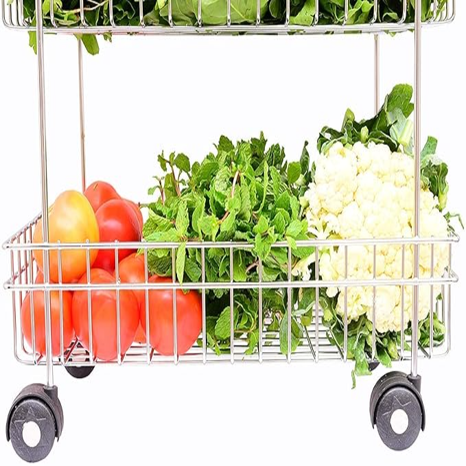 Qeyra Stainless Steel Kitchen Trolley, Fruits & Vegetable Trolley Container, Basket Organizer Holder Stand for Kitchen, Multipurpose Kitchen Trolley with Wheel
