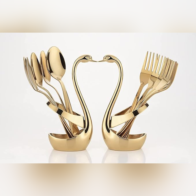 Qeyra Cubes (CA - 004) Cutlery Set Stainless Steel Gold Premium Spoon Set Luxury Dinning tabelware Gift for House Warming I swan Set of 2 Stand | Kitchen & Dining I - Gold PVD