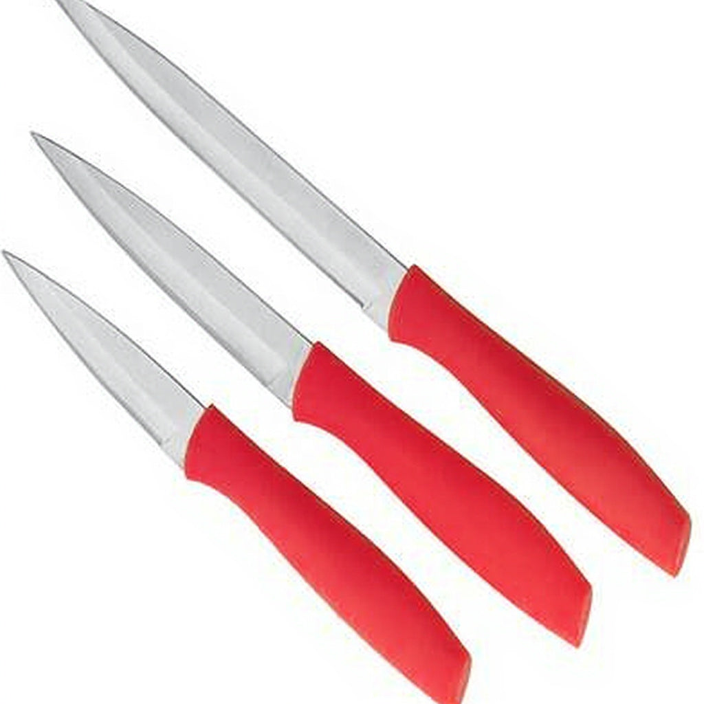 Qeyra Cubes Oasis (CA - 128) Master Chef’s 1st Choice 420‑Grade Stainless Steel Knife Set – Red | 3‑Pc Sharp Kitchen Knives with Durable Plastic Handle | Vegetable Cutter Set for Home & Cooking Enthusiasts | Made in India