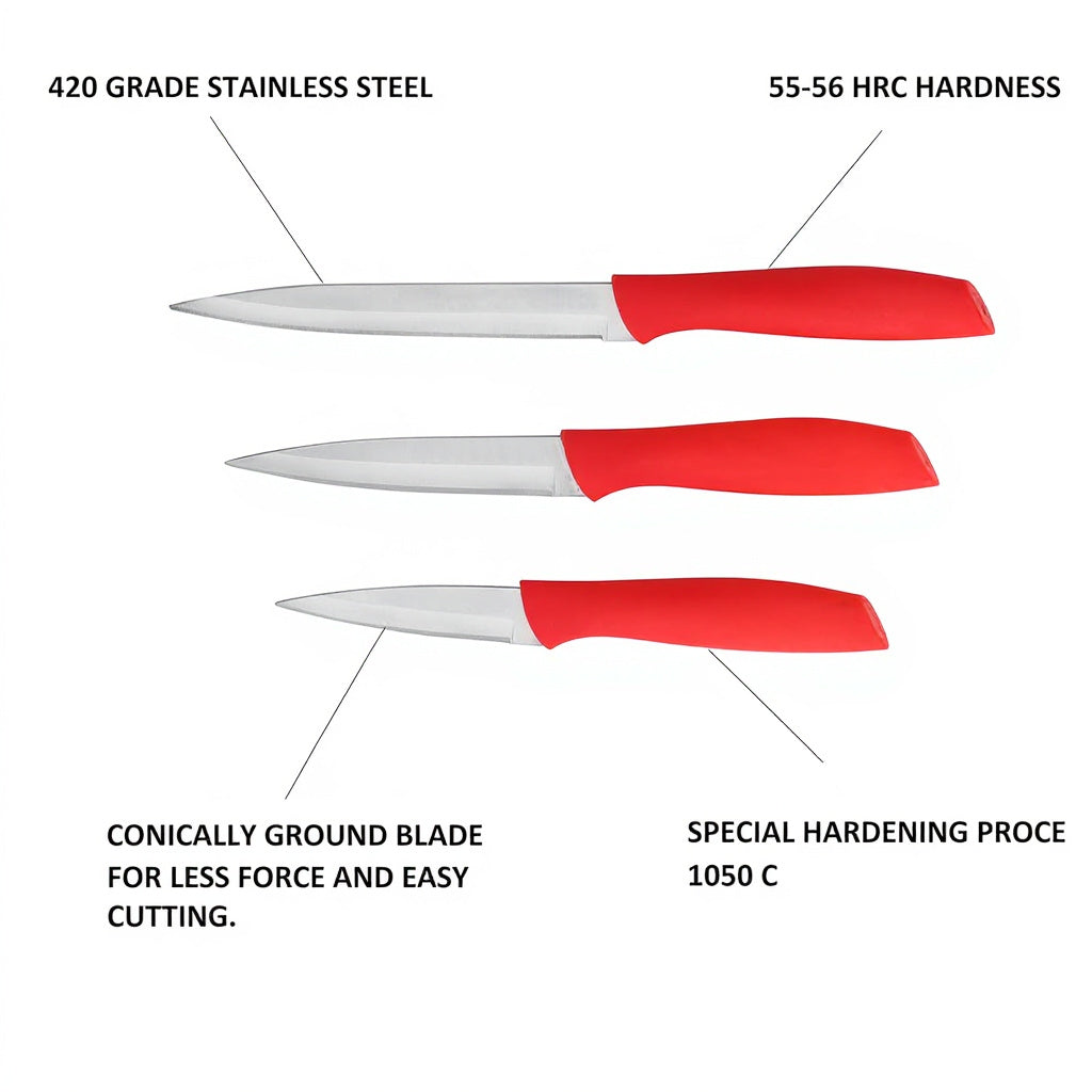 Qeyra Cubes Oasis (CA - 128) Master Chef’s 1st Choice 420‑Grade Stainless Steel Knife Set – Red | 3‑Pc Sharp Kitchen Knives with Durable Plastic Handle | Vegetable Cutter Set for Home & Cooking Enthusiasts | Made in India
