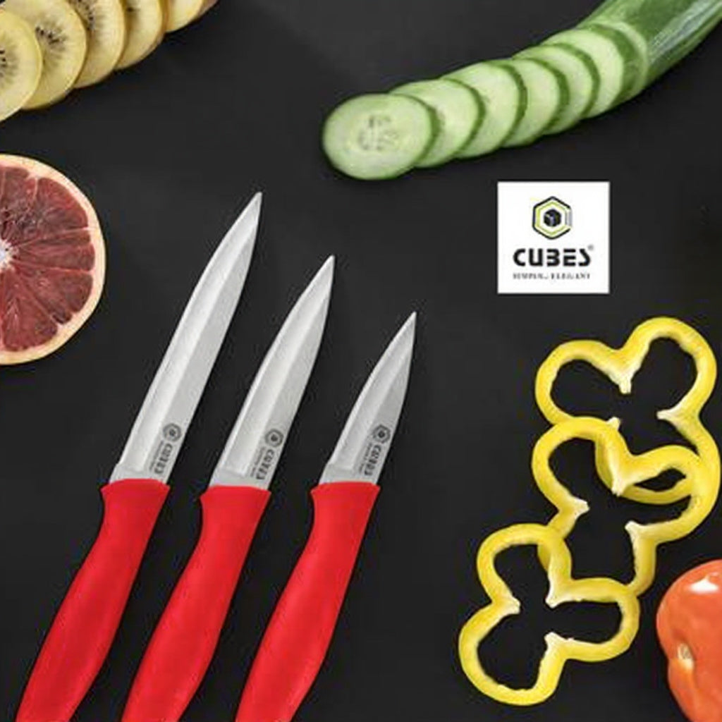Qeyra Cubes Oasis (CA - 128) Master Chef’s 1st Choice 420‑Grade Stainless Steel Knife Set – Red | 3‑Pc Sharp Kitchen Knives with Durable Plastic Handle | Vegetable Cutter Set for Home & Cooking Enthusiasts | Made in India