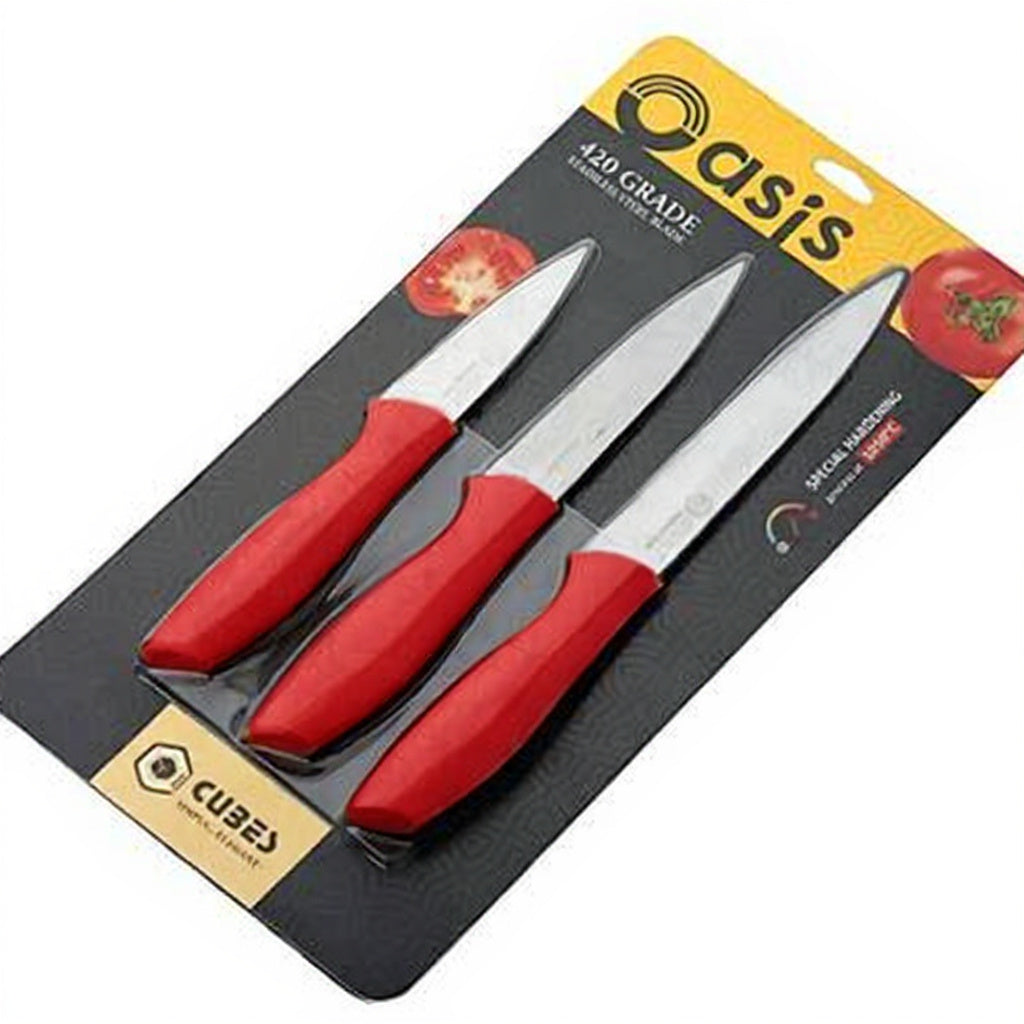 Qeyra Cubes Oasis (CA - 128) Master Chef’s 1st Choice 420‑Grade Stainless Steel Knife Set – Red | 3‑Pc Sharp Kitchen Knives with Durable Plastic Handle | Vegetable Cutter Set for Home & Cooking Enthusiasts | Made in India