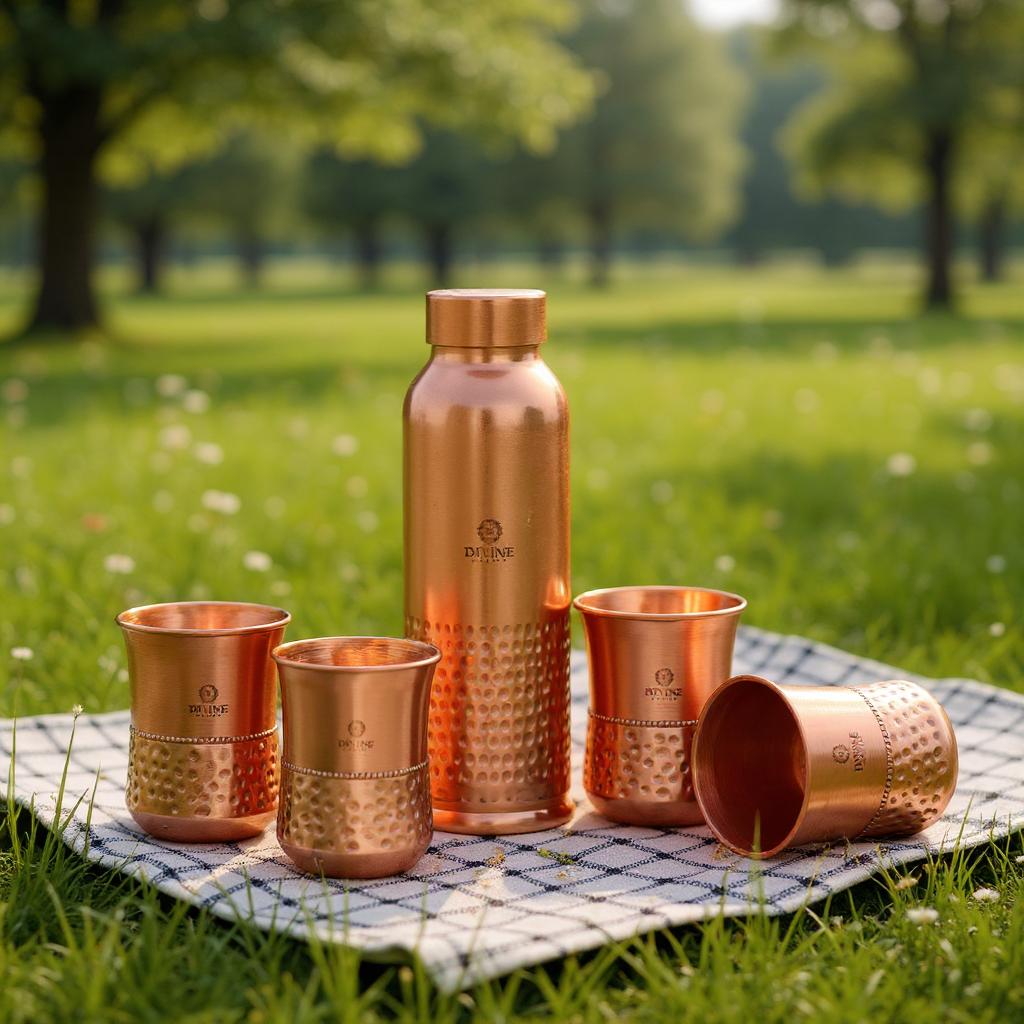 Qeyra Pure Coper Bottle Oreo Half HMD Plain Bottle With 4 Glass Set