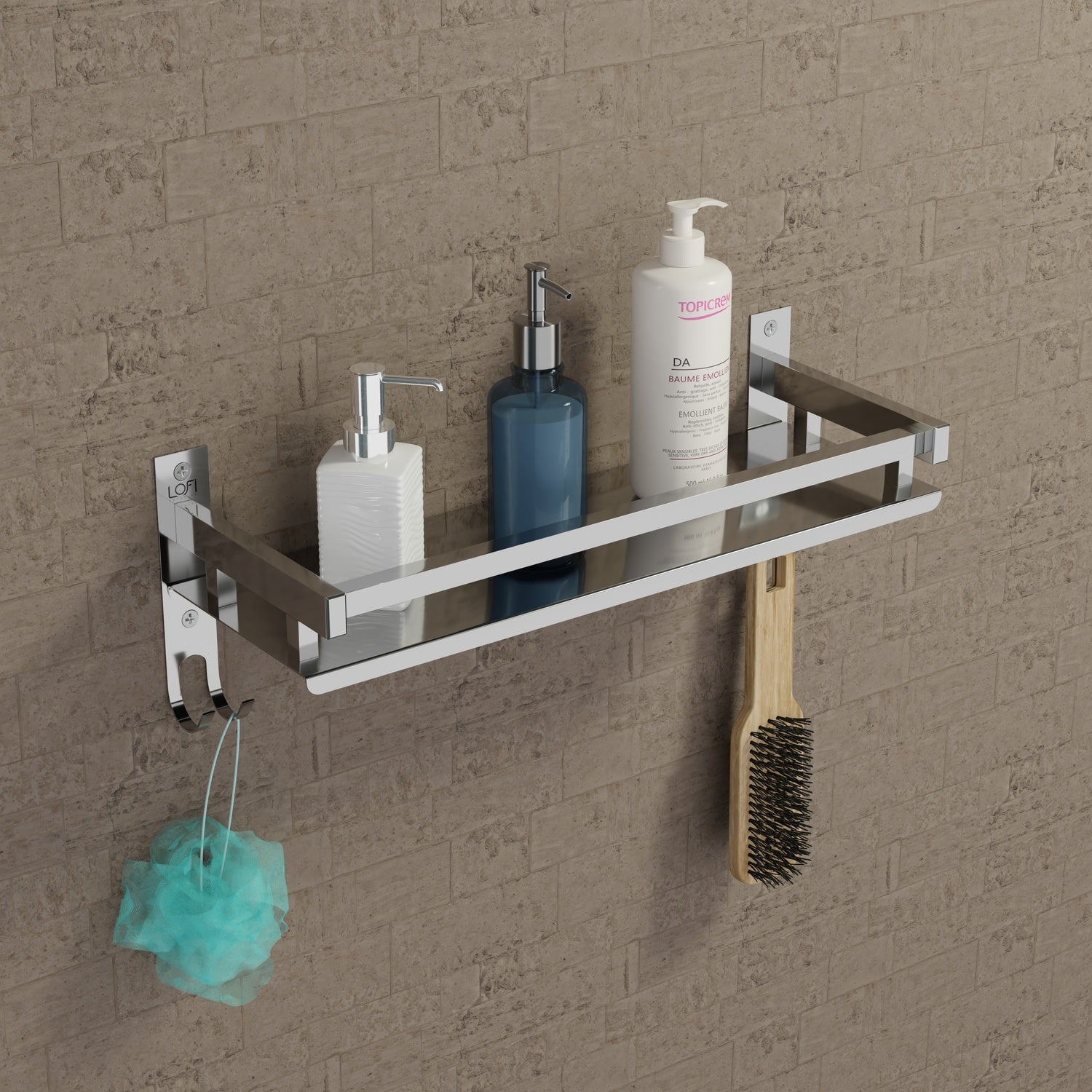 Qeyra (SL-01 Square) Stainless Steel Multi-use Self for Bathroom, Bathroom Shelf With Hooks,/Bathroom Stand/Bathroom Rack/Bathroom Accessories (5x15x5 Inches) Chrome Finish