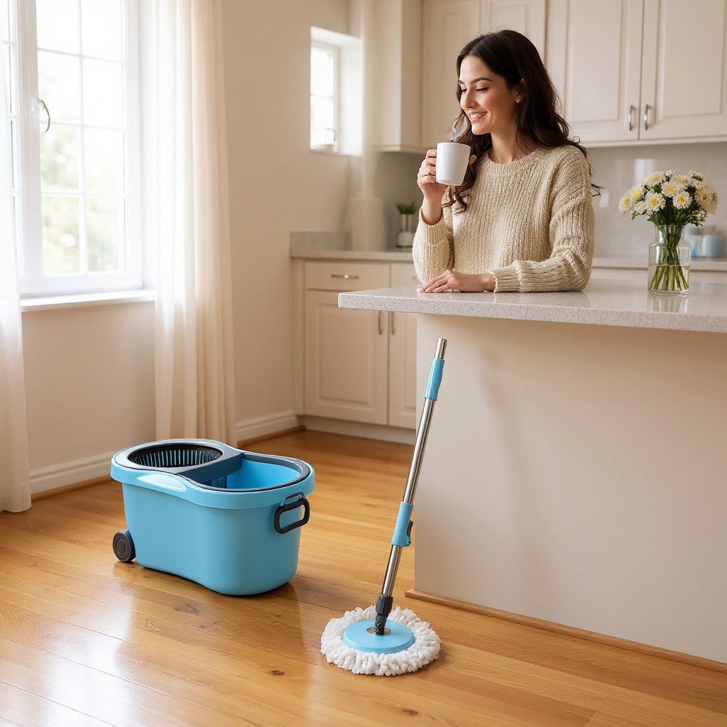 Qeyra 5-in-1 Spin and Flat Mop Set with Bucket – Dual-Action Microfiber Floor Mop Kit for Home, Kitchen, Bathroom & Multi-Surface Cleaning