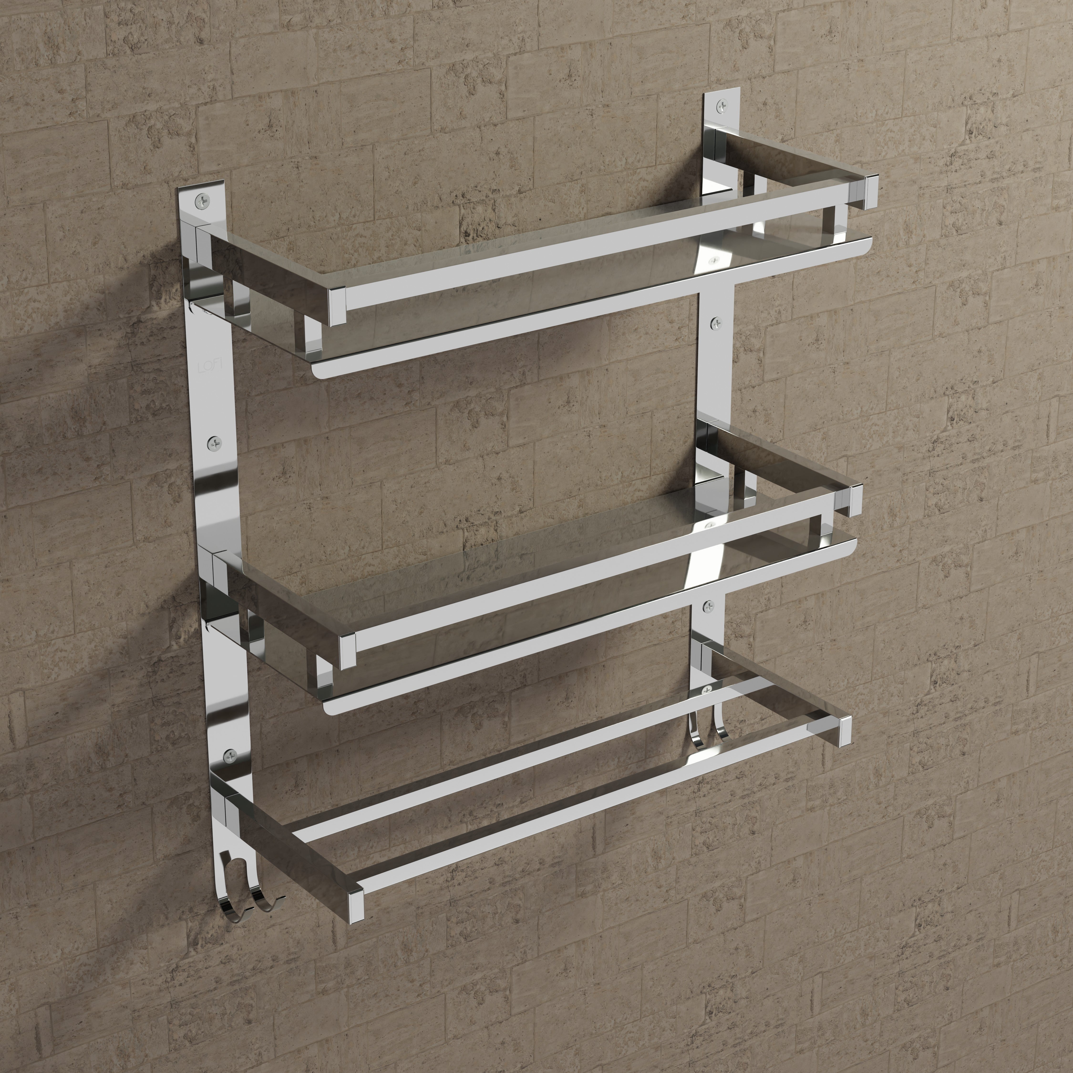 Qeyra (SL-005 Square) Stainless Steel Multi-use 3 Layer Shelf For Bathroom, Bathroom Shelf With Towel Rod,Towel Rod/Hanger/Bathroom Stand/Bathroom Rack/Bathroom Accessories (5x15x5 Inches) Chrome Finish