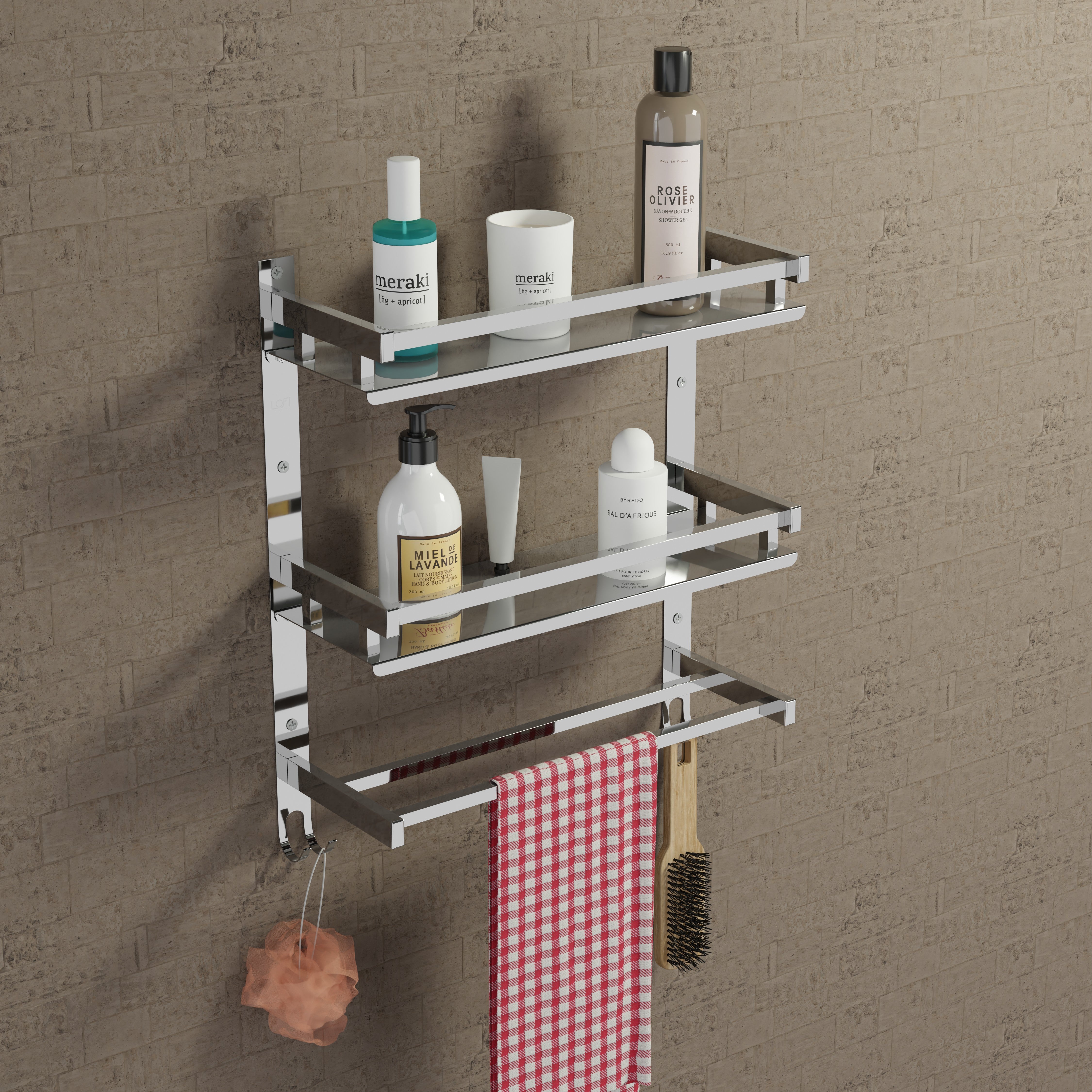 Qeyra (SL-005 Square) Stainless Steel Multi-use 3 Layer Shelf For Bathroom, Bathroom Shelf With Towel Rod,Towel Rod/Hanger/Bathroom Stand/Bathroom Rack/Bathroom Accessories (5x15x5 Inches) Chrome Finish