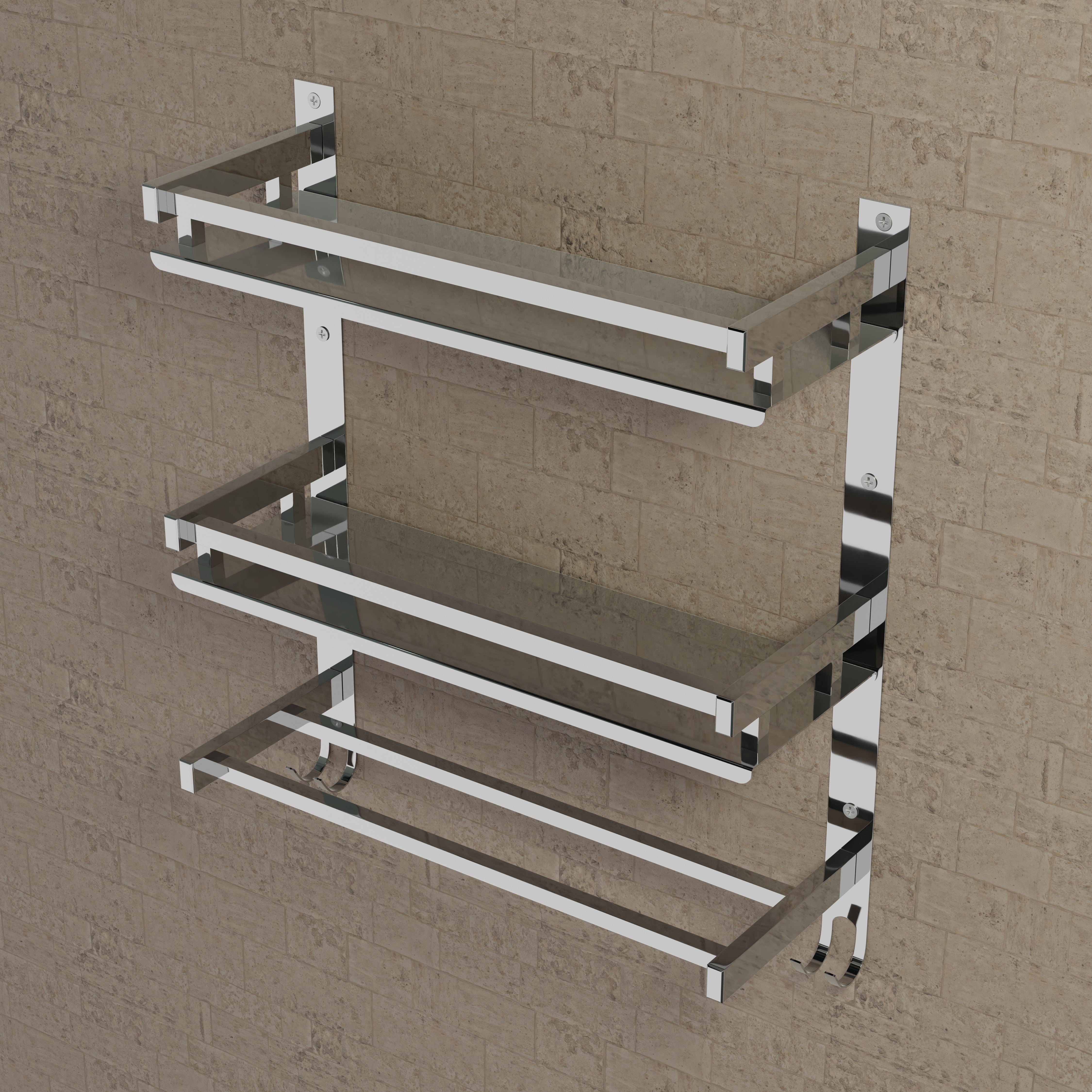 Qeyra (SL-005 Square) Stainless Steel Multi-use 3 Layer Shelf For Bathroom, Bathroom Shelf With Towel Rod,Towel Rod/Hanger/Bathroom Stand/Bathroom Rack/Bathroom Accessories (5x15x5 Inches) Chrome Finish