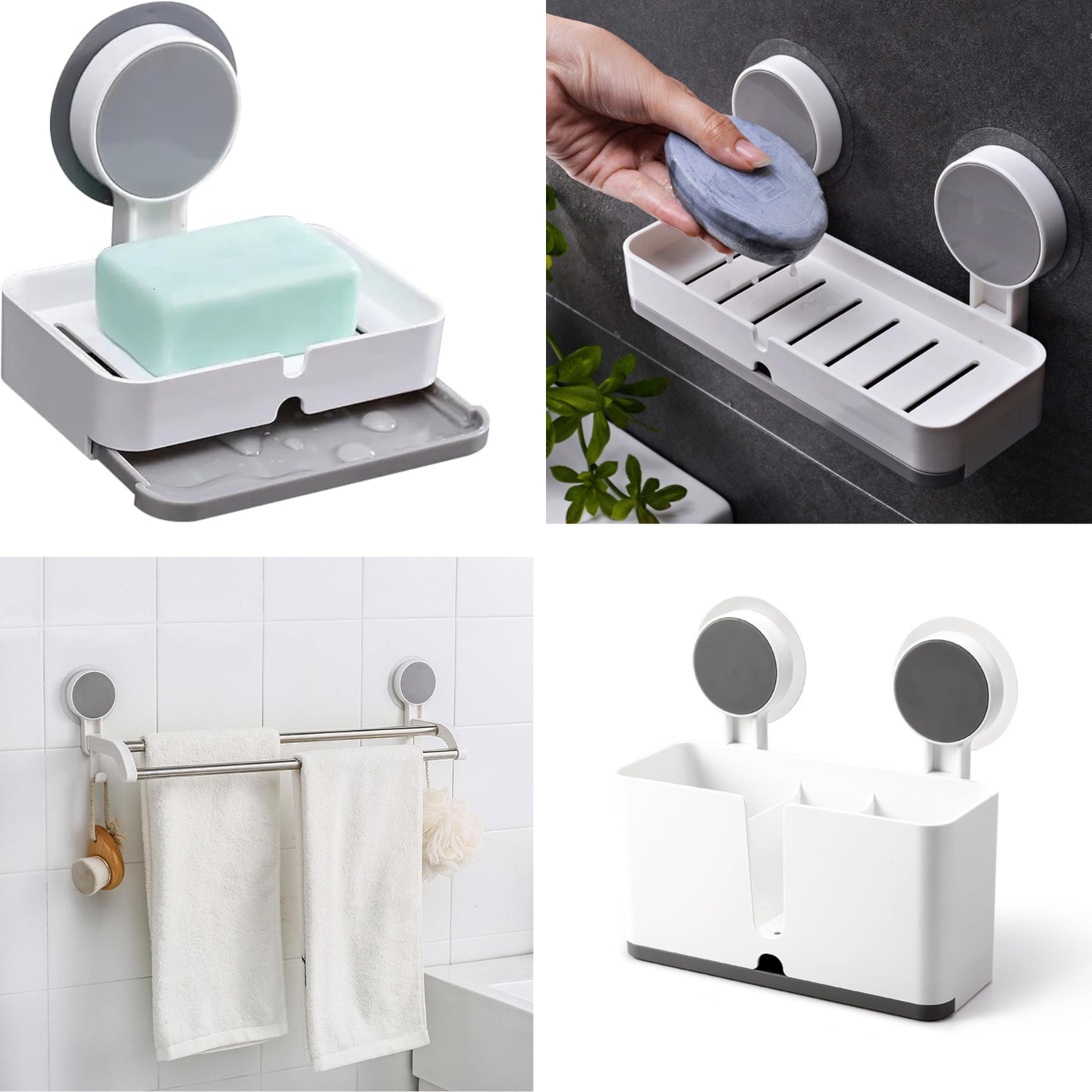 Qeyra Bathroom Accessories Set of 4 – Soap Holder, Long Soap Dish, Toothbrush Holder & Double Towel Bar | No-Drill Self Adhesive Wall Mount