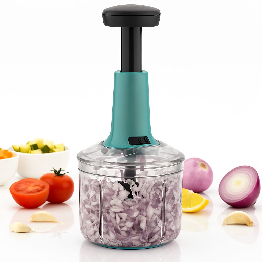 Qeyra (Allwin - AM 214) Manual Hand Press Push Chopper with 4 Blades for Effortless Chopping Vegetables & Fruits Chopper Mixer Cutter to Cut Onion, Salad, Tomato, Potato(Indian,Multi color) (Push Chopper, 1000 ML)