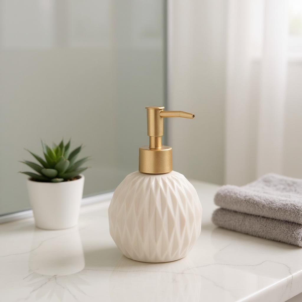 Qeyra Round Classic Soap Dispenser Ceramic Pump Ins Style lotion Dispenser for Bathroom and Kitchen (Khaki)