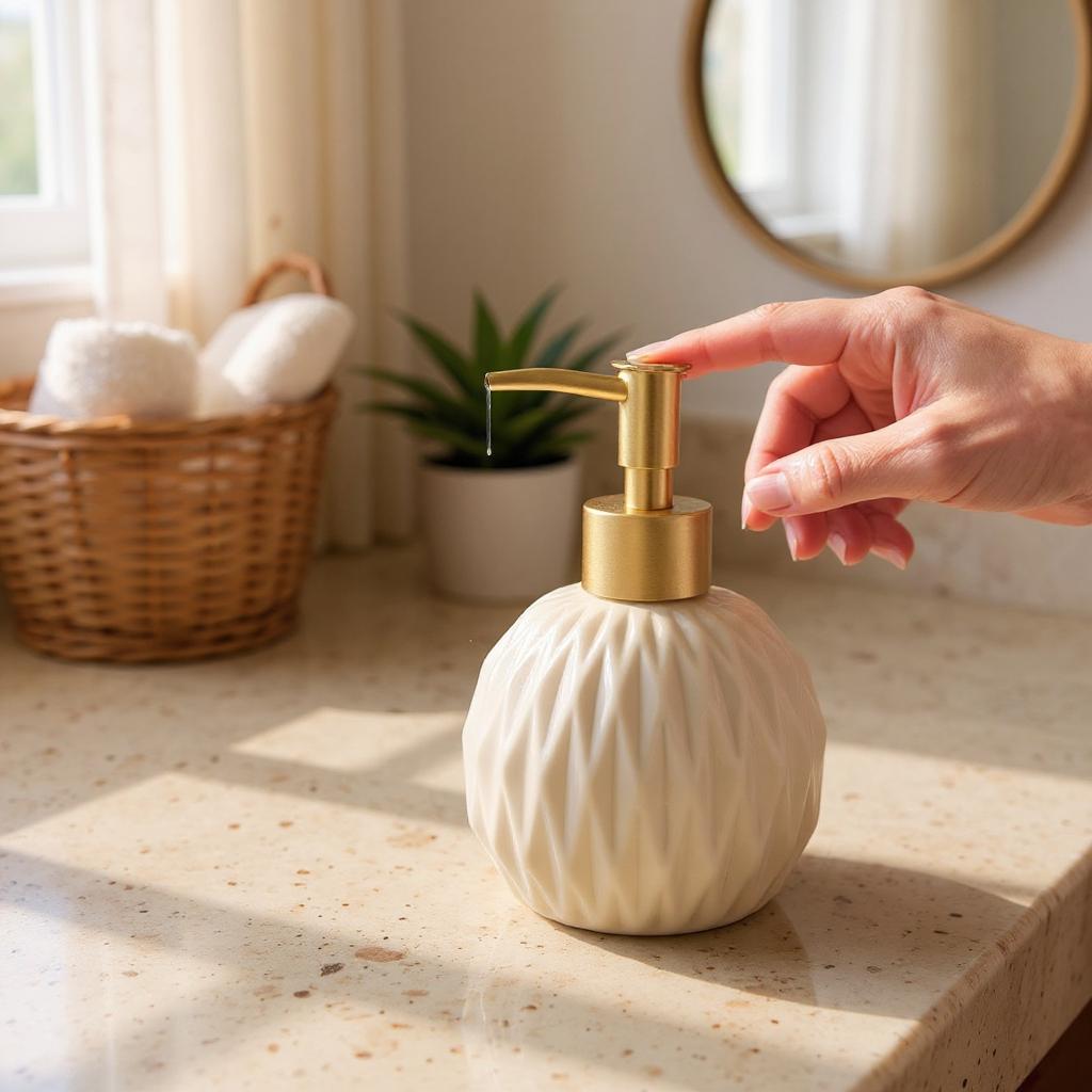 Qeyra Round Classic Soap Dispenser Ceramic Pump Ins Style lotion Dispenser for Bathroom and Kitchen (Khaki)