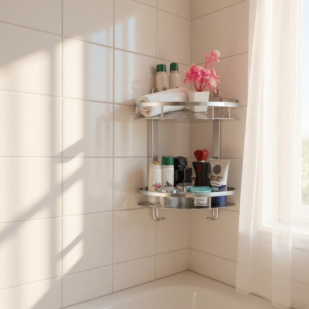 Qeyra Matrix (MP-5206) Multipurpose Stainless Steel Bathroom 2 layers Corner Shelf with Hooks//Rack Corner for Bathroom Storage/Bathroom Accessories/Wall Mounted (12x12 inches/Chrome Plating)