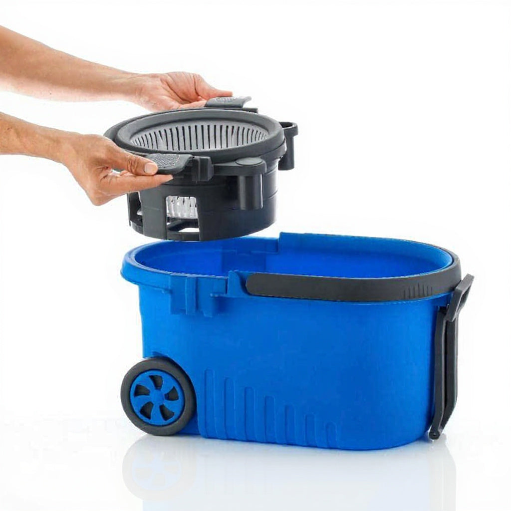 Qeyra Spin Mop Prime with Big Wheels and Stainless Steel Wringer, Bucket Floor Cleaning and Mopping System,2 Microfiber Refills,Multi Color (Sky Blue Mop Colour))