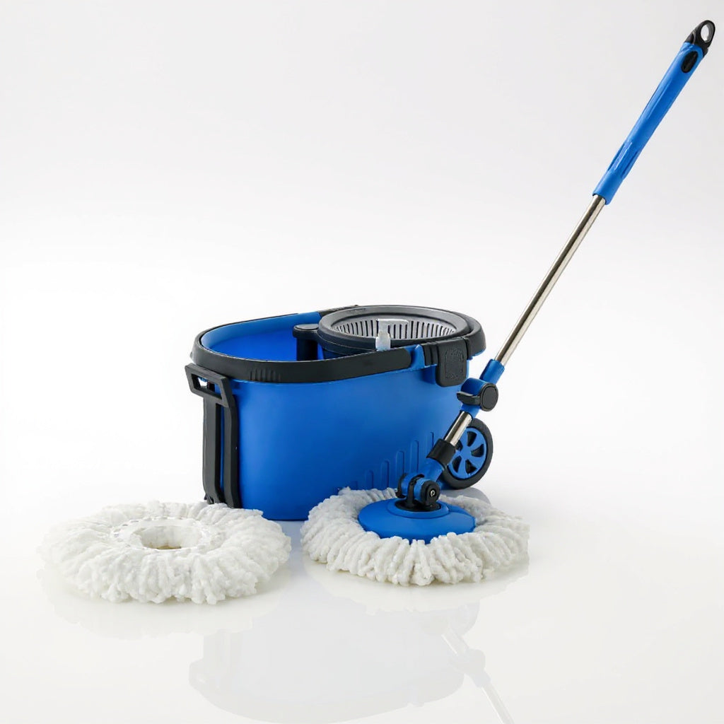 Qeyra Spin Mop Prime with Big Wheels and Stainless Steel Wringer, Bucket Floor Cleaning and Mopping System,2 Microfiber Refills,Multi Color (Sky Blue Mop Colour))