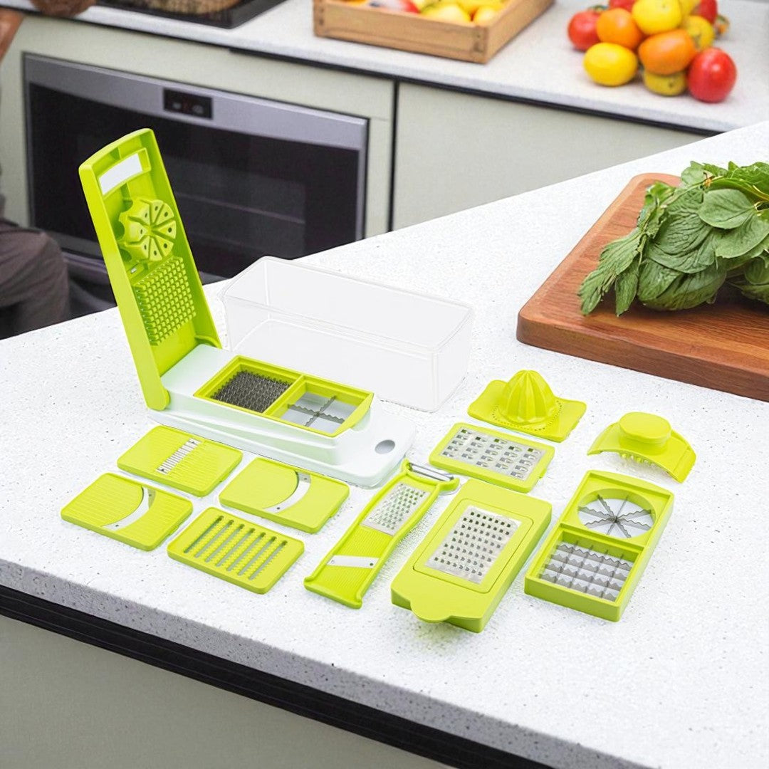 Qeyra 15 in 1 Multipurpose Chopper, Fruits & Vegetable Cutters, Grater Peeler Chipser, Unbreakable Food Grade Body, Easy Push to Clean Button Slicer Dicer, Chopper for Kitchen (Green, Plastic)