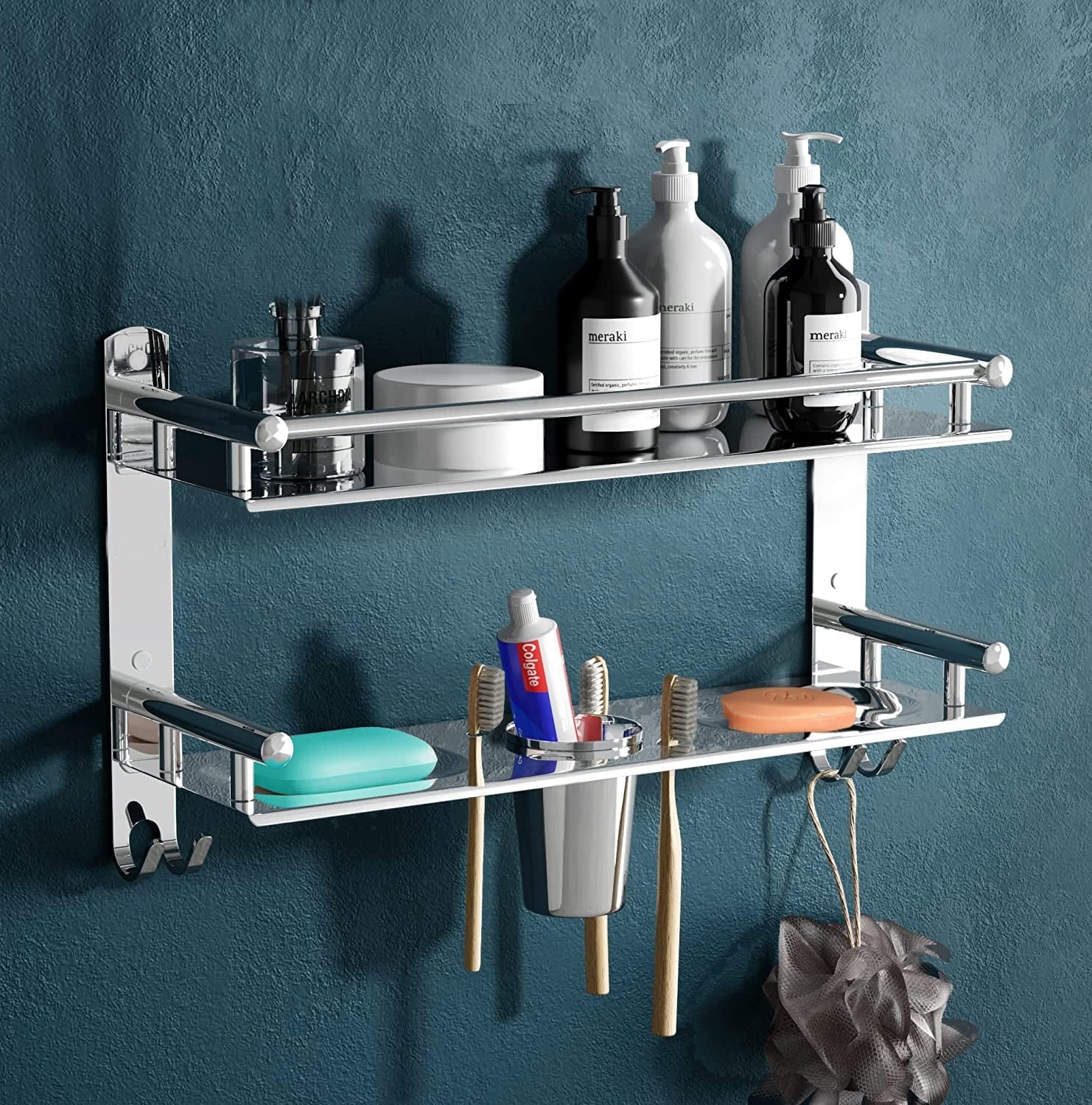 Qeyra (SO-5111) Stainless Steel 5 in 1 Multi-use Rack for Bathroom, Bathroom Shelf, Soap Stand/Tumbler Holder/Toothbrush Holder/Bathroom Stand/Bathroom Rack/Bathroom Accessories (Number of Shelves - 2, (5x16x11 Inches)Chrome Finish)