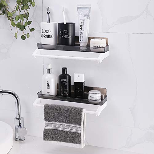 Self Adhesive Bathroom Shelf with Towel Bar – Wall Mounted Waterproof Plastic Shower Organizer Rack for Shampoo, Soap & Bathroom Accessories