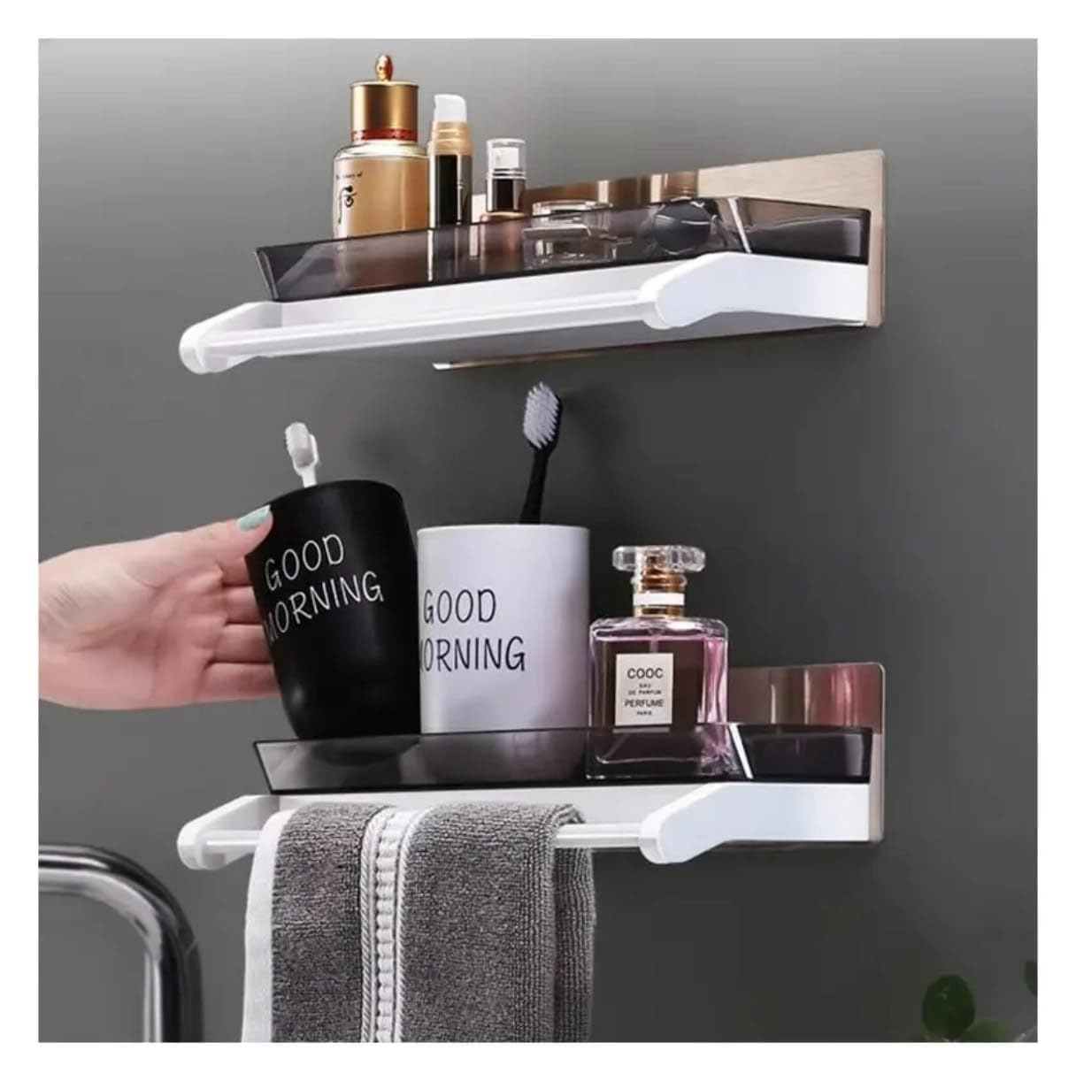 Self Adhesive Bathroom Shelf with Towel Bar – Wall Mounted Waterproof Plastic Shower Organizer Rack for Shampoo, Soap & Bathroom Accessories