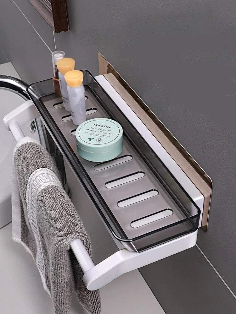 Self Adhesive Bathroom Shelf with Towel Bar – Wall Mounted Waterproof Plastic Shower Organizer Rack for Shampoo, Soap & Bathroom Accessories