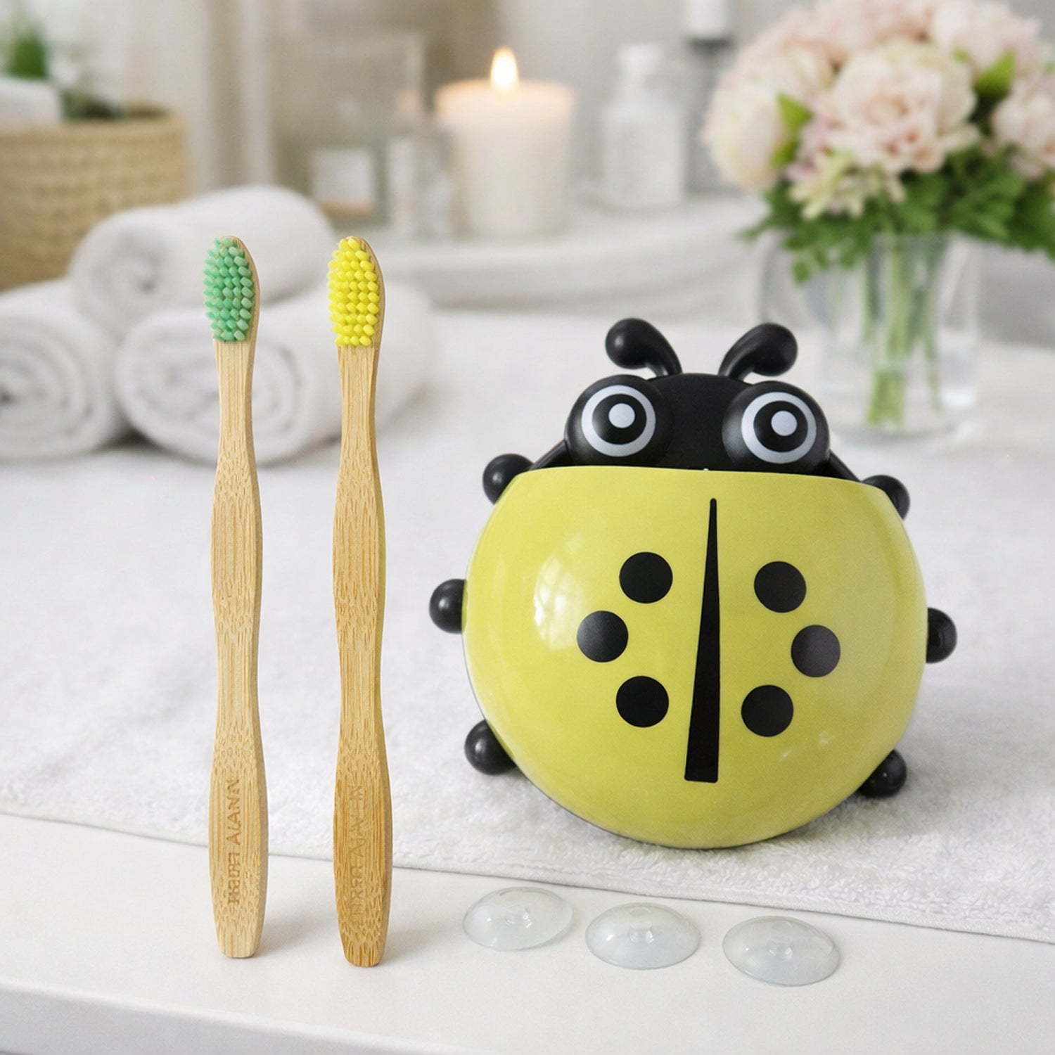Cute Ladybug Toothbrush Holder With Toothbrush Combo Set
