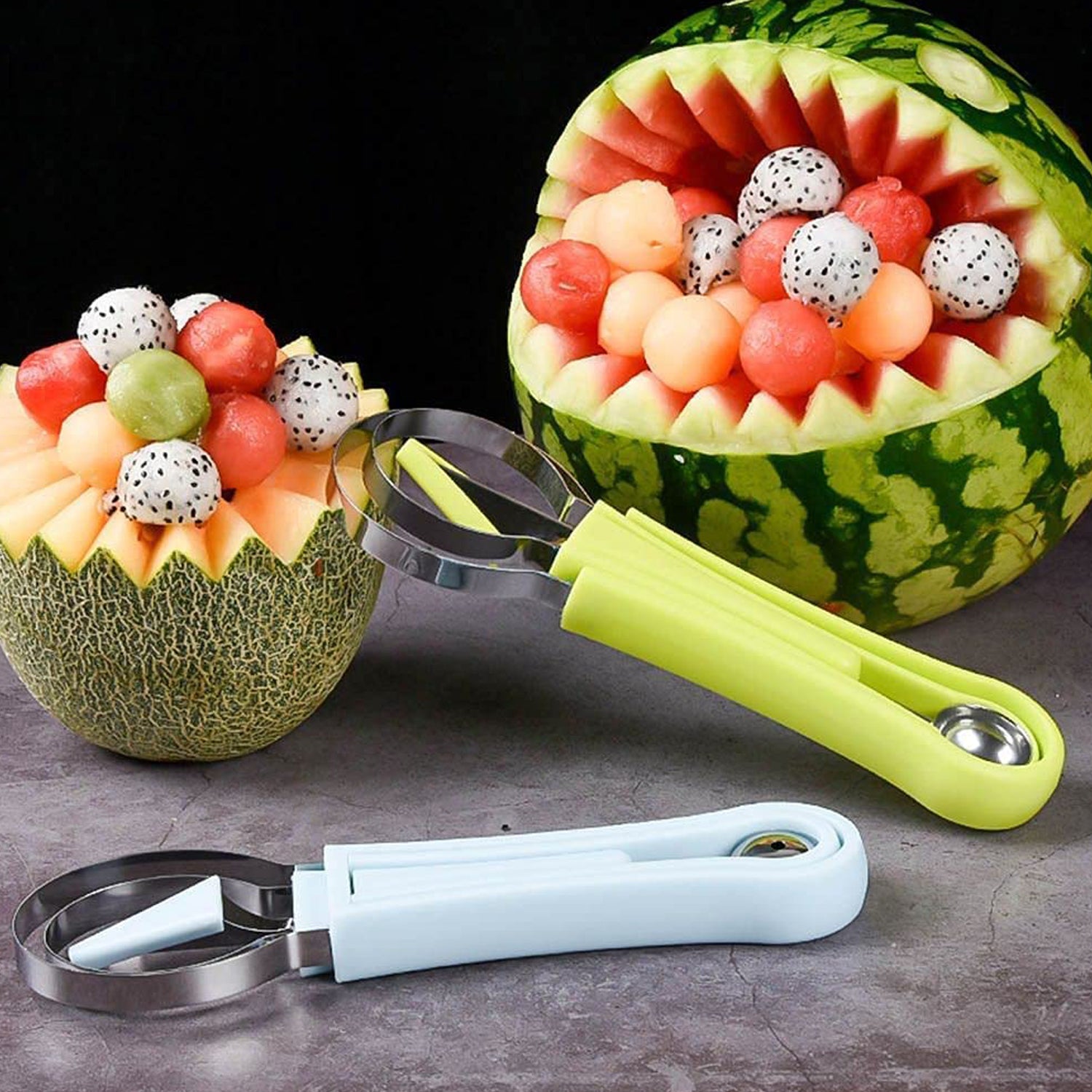 4 In 1 Stainless Steel Melon Baller Seed Remover Sorbet Dessert Ball Spoon Fruit Digging Spoon Double Sided Fruit Scooper Watermelon Baller Scoop