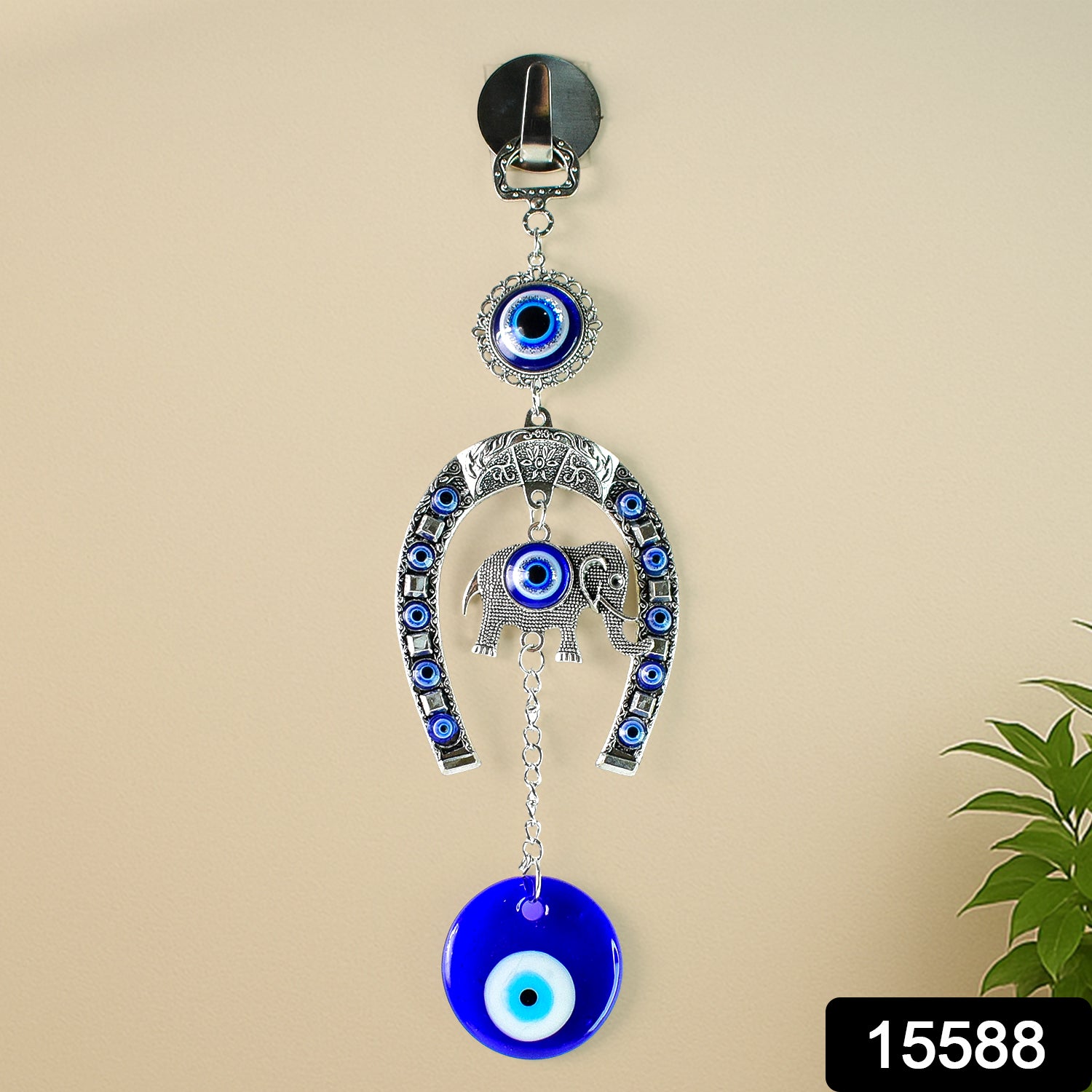 Decorative Evil Eye Hanging With Elephant And Horseshoe Motif  Wind Chime (1 Pc)