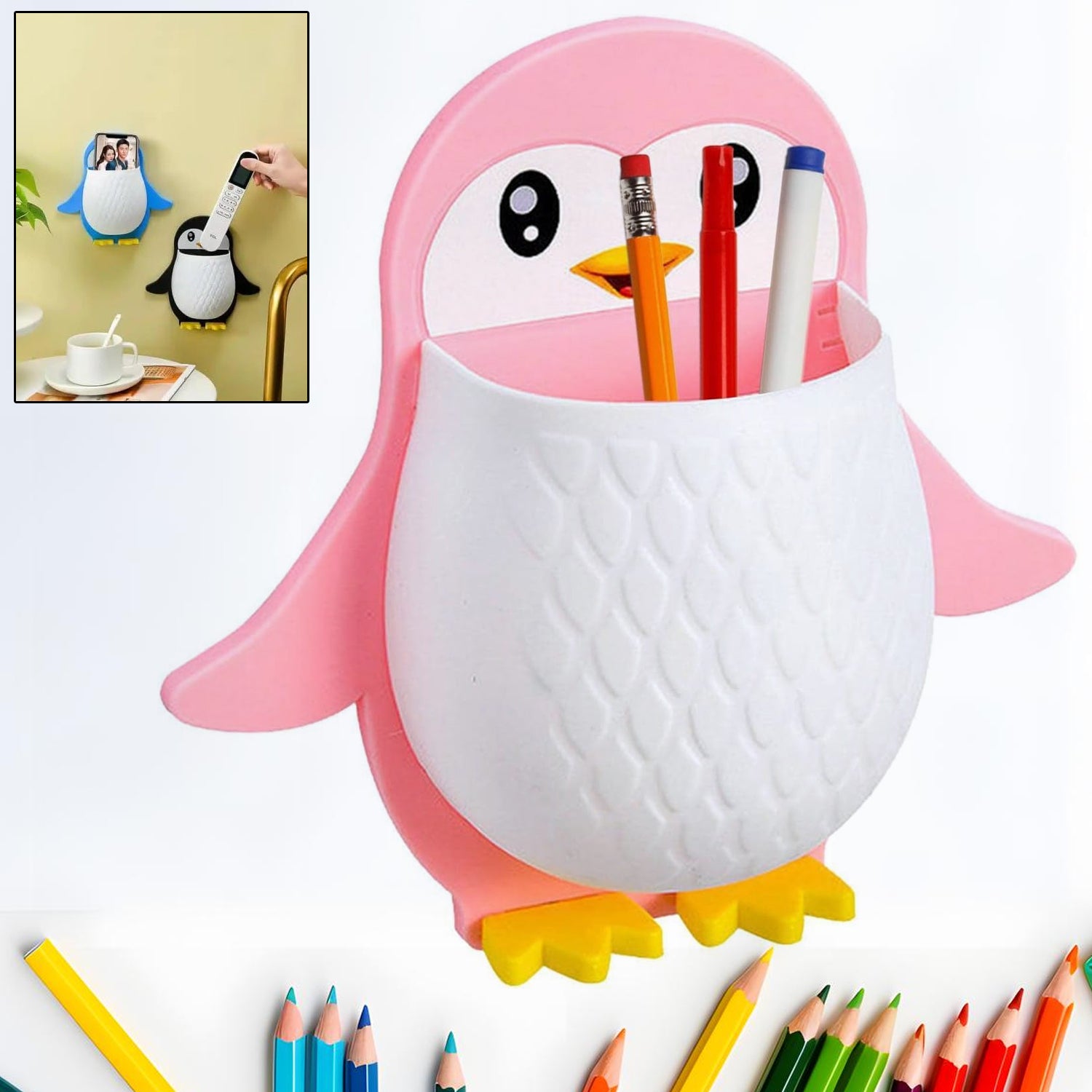 Penguin Storage Box Adhesive Remote Case Electric Toothbrushes Holder Universal Controller Holder Wall Nightstand Office Plastic Wall Mount