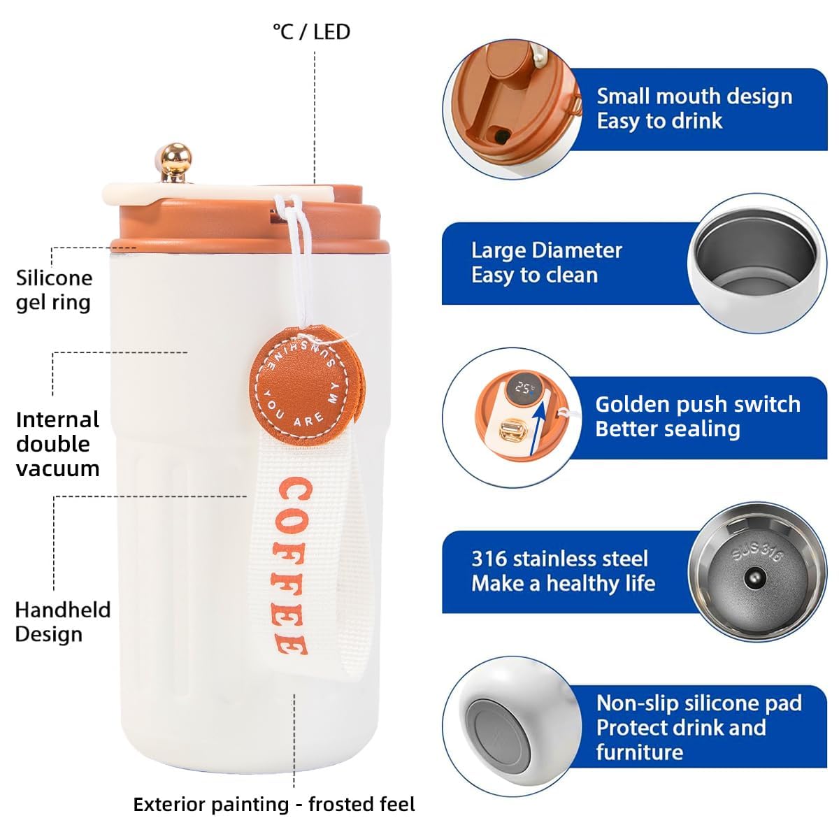 Qeyra Digital Display Insulated Travel Coffee Mug, 460ml/18oz 316 Stainless Steel Leak-Proof Thermos Cup with Lid – multiple Colour