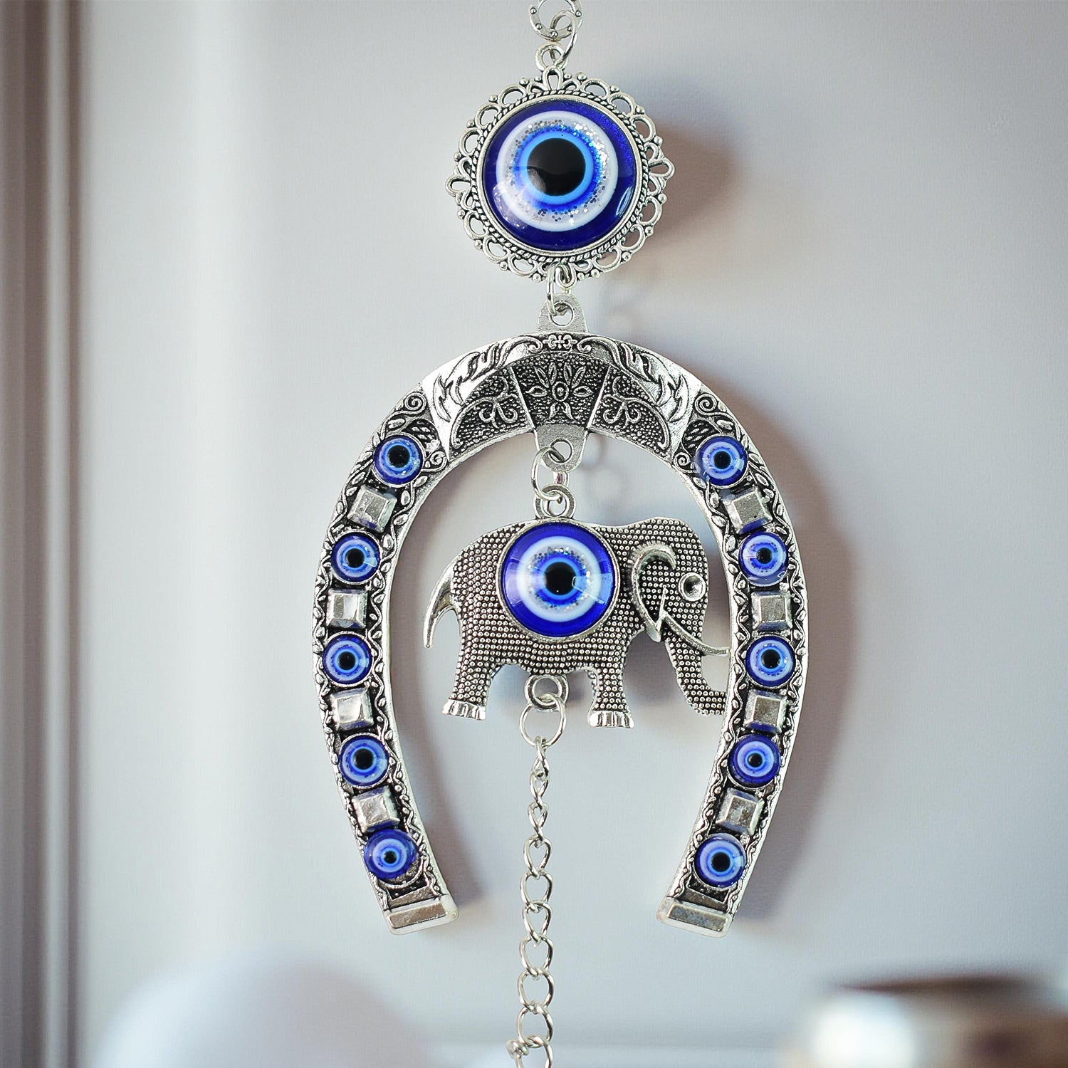 Decorative Evil Eye Hanging With Elephant And Horseshoe Motif  Wind Chime (1 Pc)